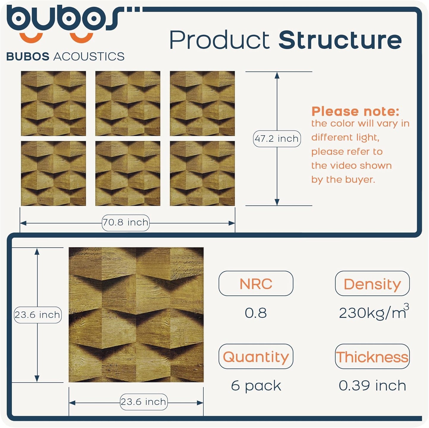 BUBOS Large Acoustic Panels,6 Pack Wood-Pattern Printing Soundproof Wall Panels, Total Size 70.8 x 47.2 Inches Self-Adhesive Decorative Sound Absorbing Panels for Studio, Home,3D Geometric Weave