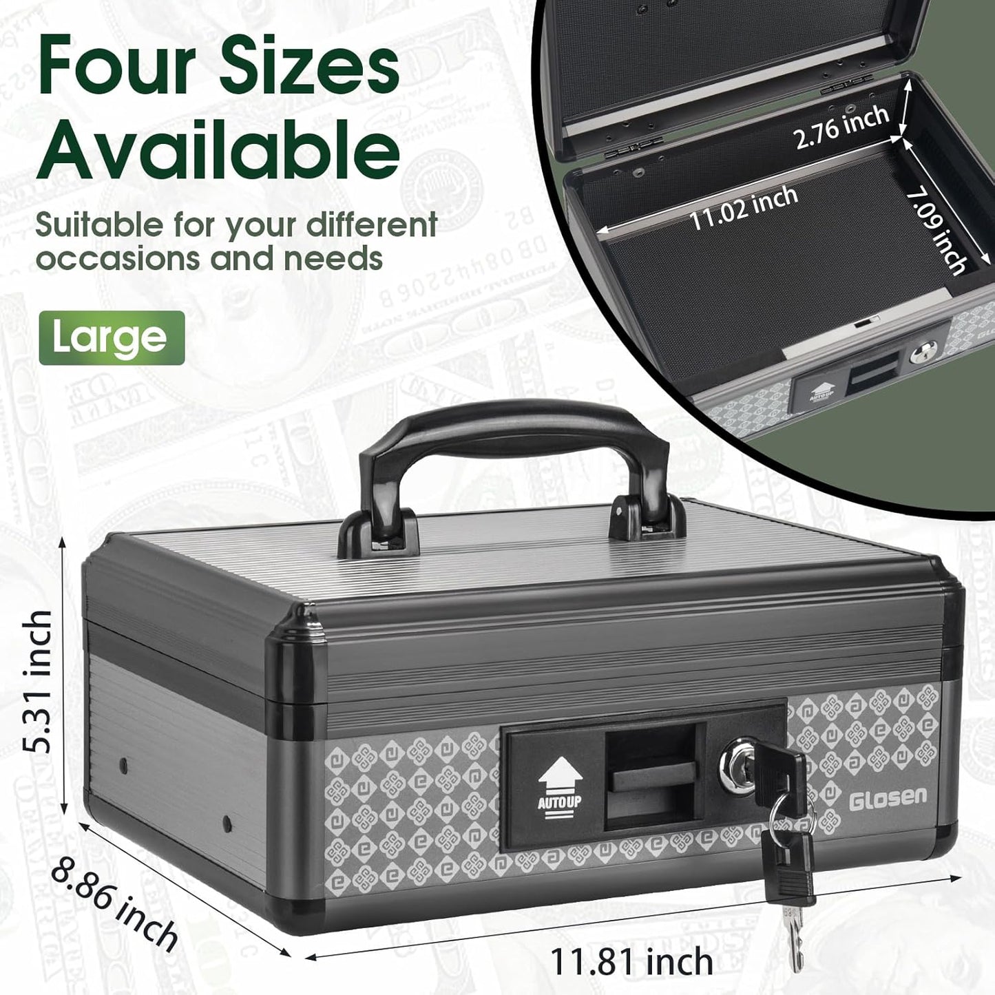 Cash Box with Lock, Money Box with Key Lock & Removable Coin Tray 8.85 * 5.3 * 11.8 inch (Black, Large)