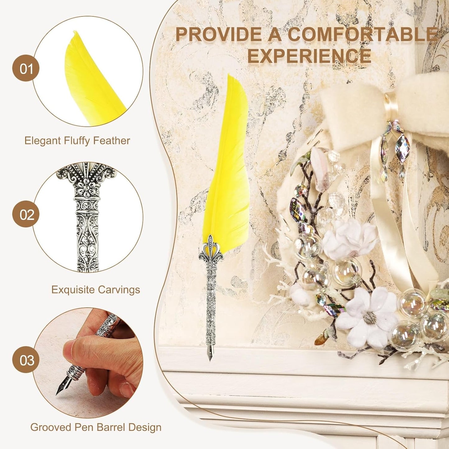 PATIKIL 26.5cm/10.4" Calligraphy Feather Quill Pen, Vintage Feather Dip Pen with 5 Replacement Nibs for Calligraphy Writing Wedding Office Gifts, Light Yellow