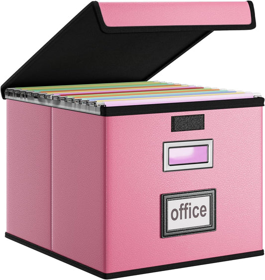 Huolewa File Organizer Box with Lid, Collapsible Leather File Folder Organizer for Office Document Storage, Filing Box with Plastic Slide for Letter/Legal Size Hanging Files, Pink