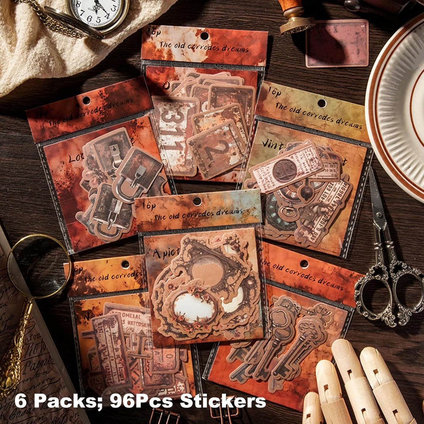 Vintage Kraft Paper Sticker Set, 96PCS Retro Scrapbook Supplies for Journaling and Crafts, Includes Keys, Padlocks, Signs, Labels, Frames, Number Plates