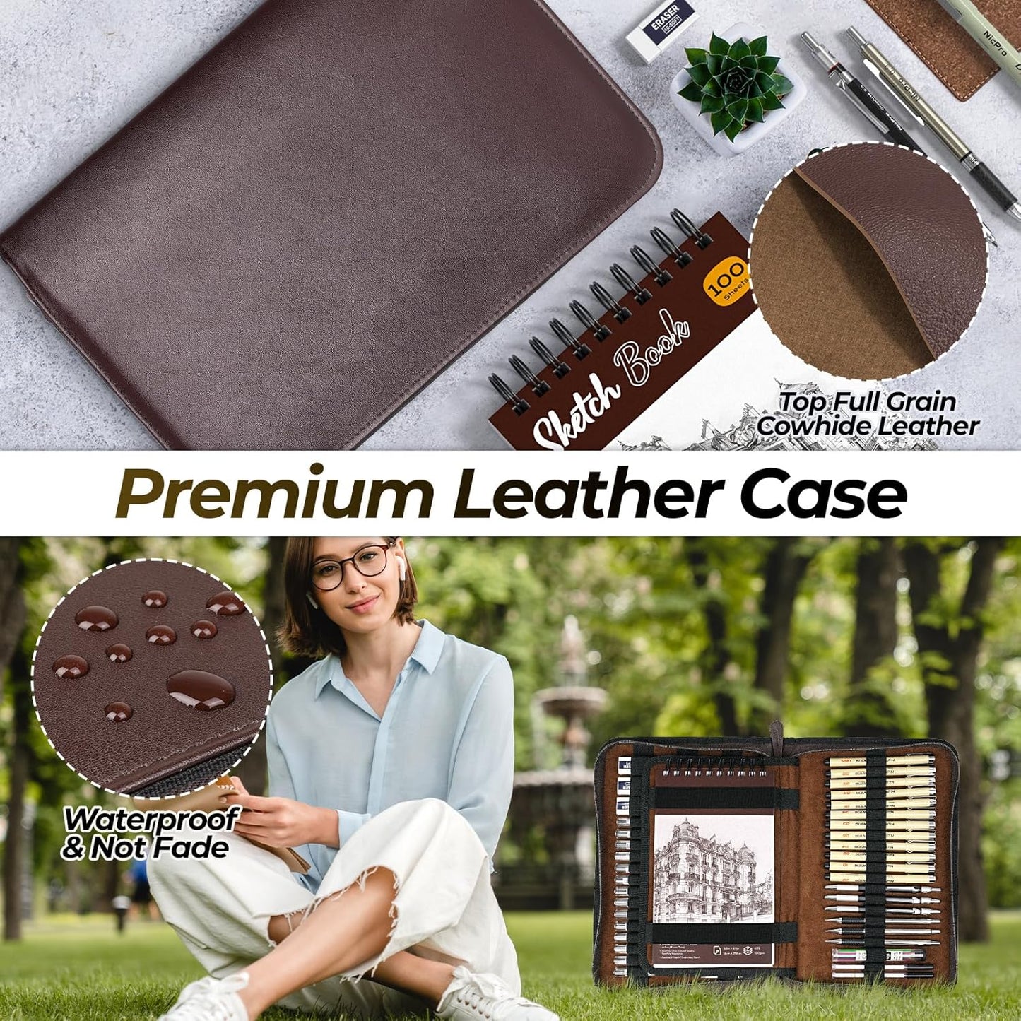 Nicpro 58 PCS Art Drawing Supplies Kit in Leather Case, Art Mechanical Pencil Set with 6 Metal Drafting Pencil 0.5 & 0.7 & 0.9 & 2mm, 12 Micron Pen, Sketch Book, 30 Tube Lead Refills for Sketching