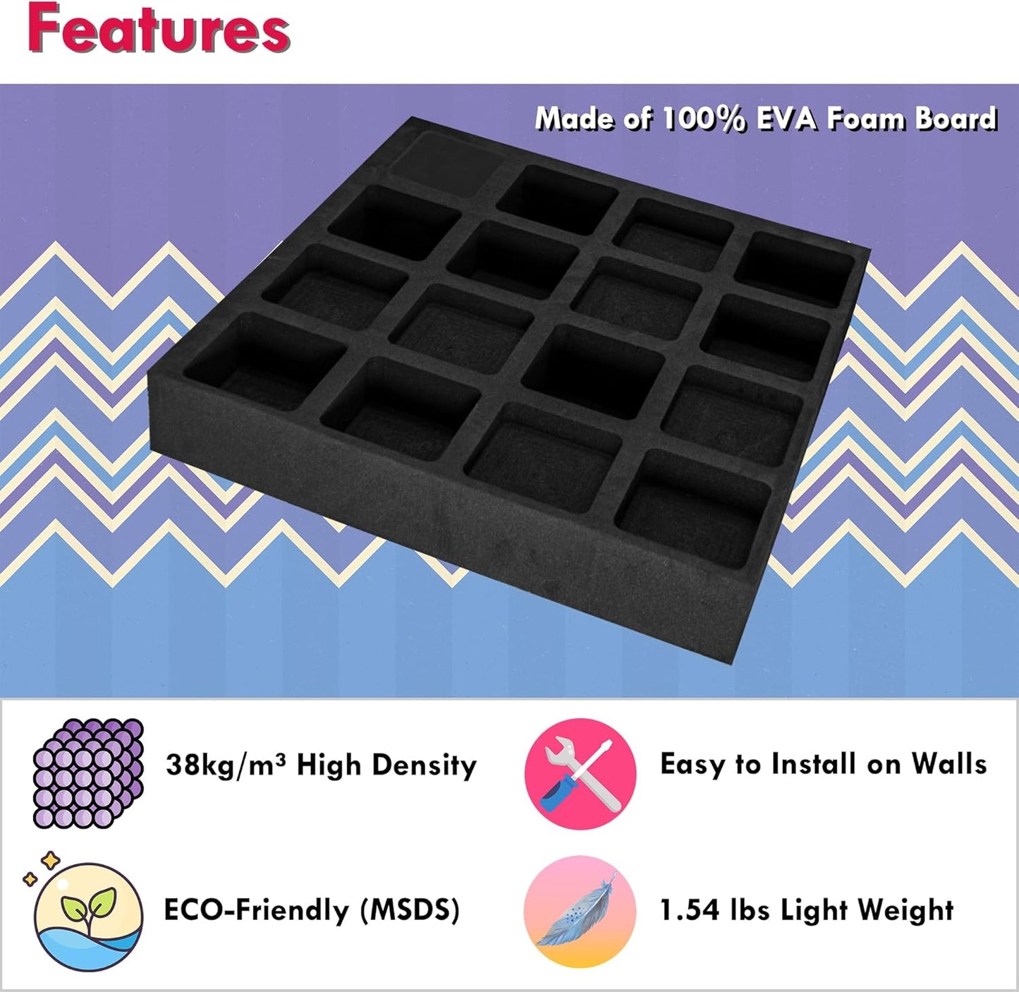 4pcs EVA Acoustic Diffusers 12"x12"x2" (Total 24"x24"x2"), Waffle Style Sound Diffuser Panels for Home Studio and Wall Art, QRD Room Acoustic Treatment (Black)