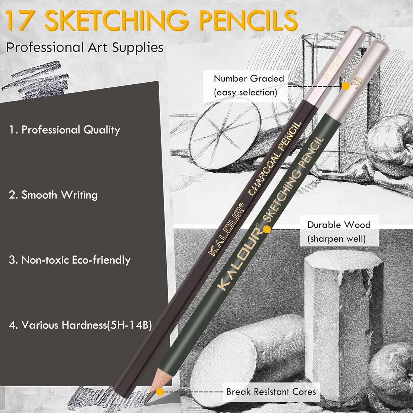 KALOUR 52-Pack Sketch Drawing Pencils Kit with Two Sketchbook,Tin Box,Include Graphite,Charcoal and Artists Tools,Pro Art Drawing Supplies for Adults Beginner Kids