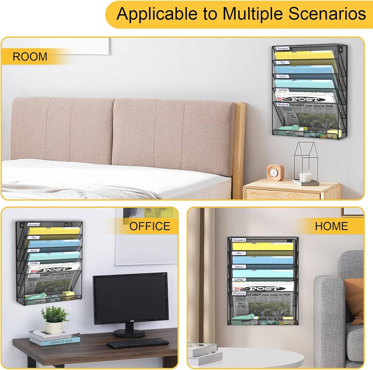 Hanging Folder Organizer Mesh 6 Tier, Wall File Organizer Hanging Paper Organizer, Wall Mount Mail Storage, Office Organization and Storage Rack for Home Office, Black