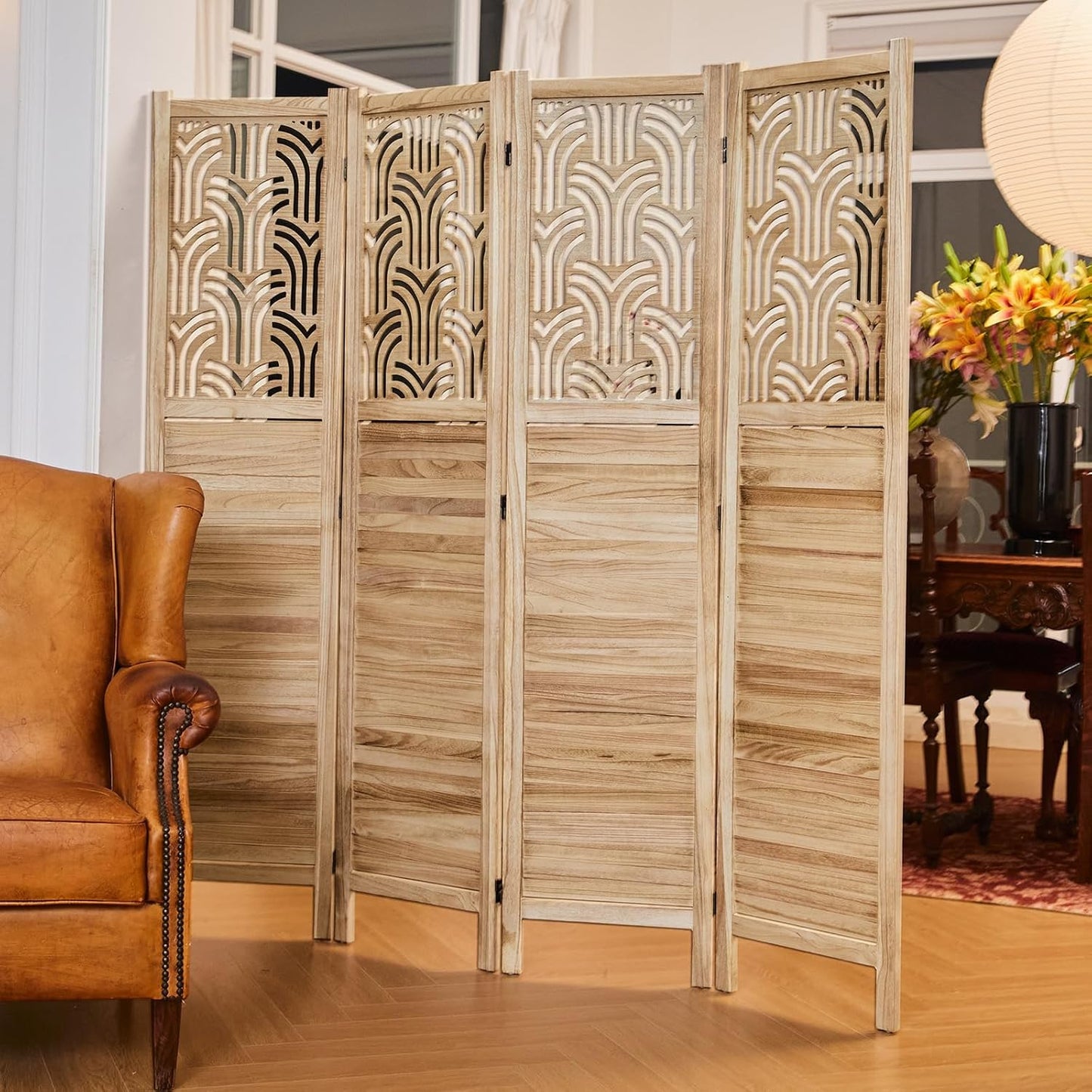 Folding Room Divider, 66.9 Inch 4 Panels Wood Carved Privacy Screens, Free Assembled Freestanding Portable Separation Wall for Home Office Bedroom (Natural)