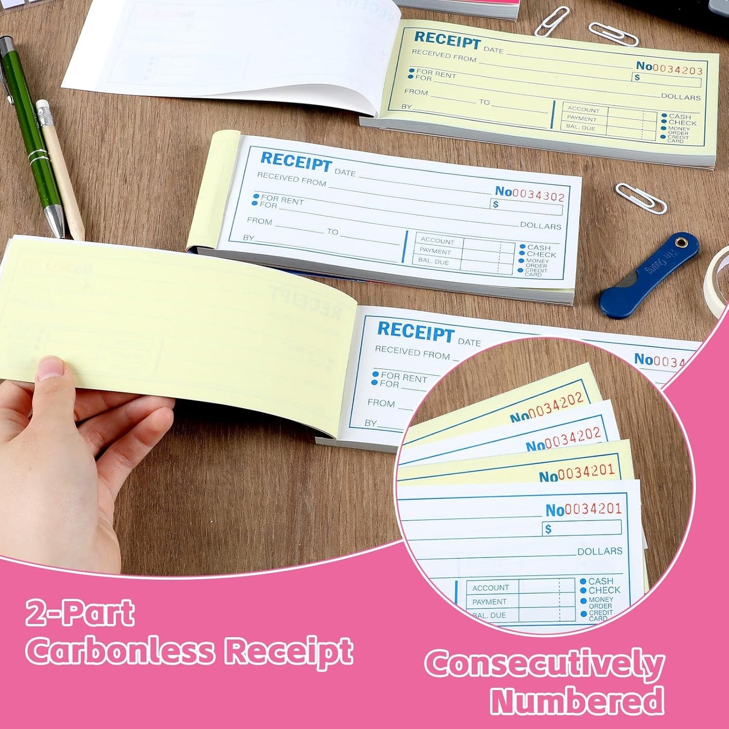 gisgfim 4 Pads Receipt Book with Carbon Copies Money and Rent Receipt Book 2 Part Carbonless Bound Wraparound Cover Petty Cash Business Invoice Book for Small Business 2-3/4 x 7-3/16Inch 50 Set/Book