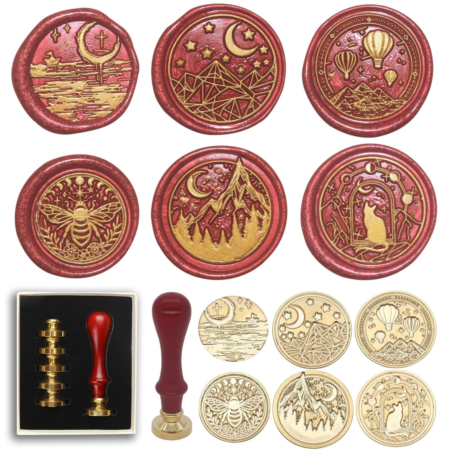 Wax Seal Stamp Kit, 6 Pcs Wax Seal Stamp Head 1 Wooden Hilt Letter Wax Seal Kit, Sealing Wax Stamp Seal Set Include Bee/Cat/Mountain/Sea/Moon Envelope Sealing Wax Stamps for Wedding Invitation