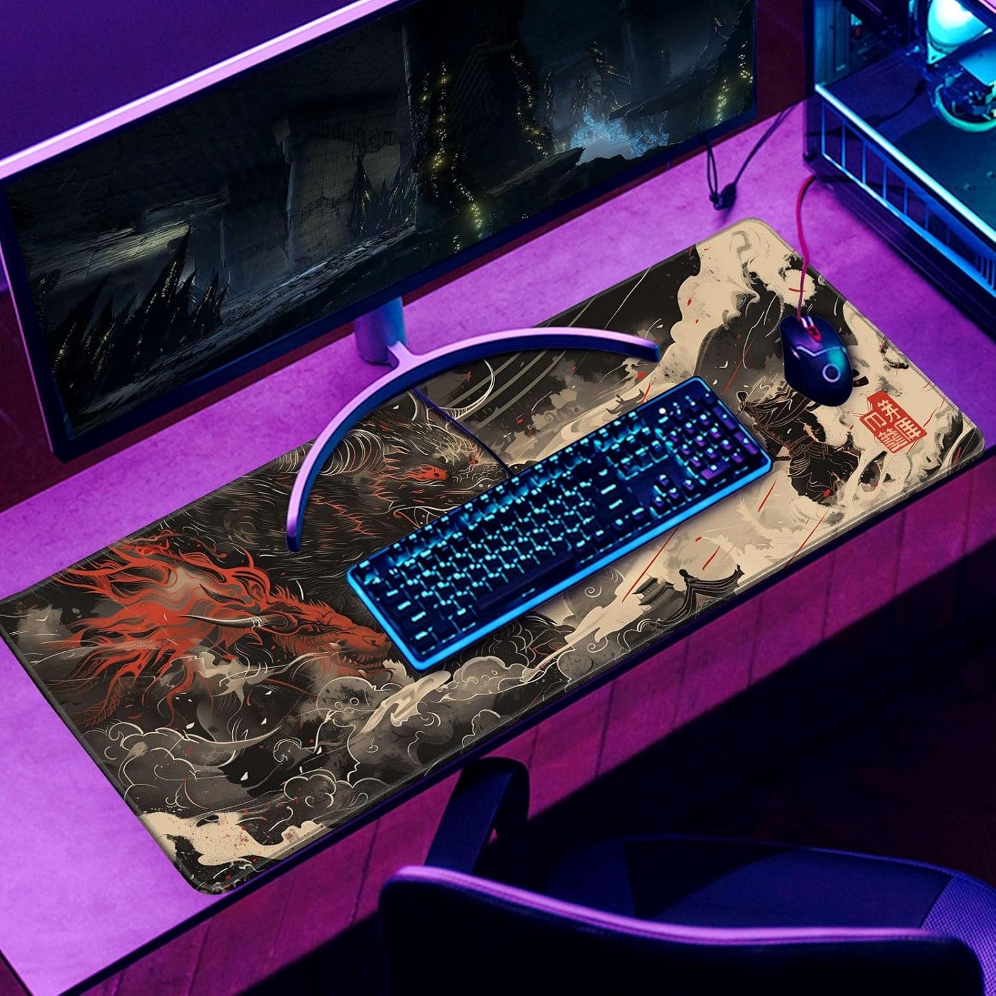 Huge Demon Large Mouse Pad Japanese Ukiyo-e Mousepad Samurai Desk Mat, Big Full Keyboard and Mouse Pad Cool Desk Pad for Keyboard Mouse with Stitched Edges Anti-Slip Funny Desk Pad, 31.5 X 11.8