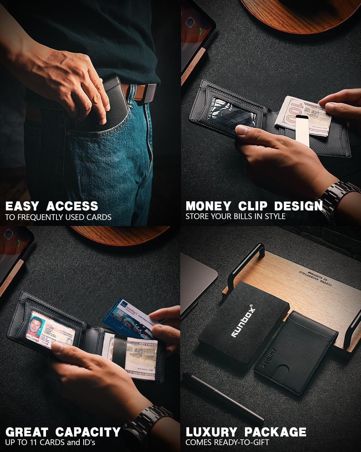 RUNBOX Money Clip Slim Wallets for Men RFID Blocking 11 Card Holder Minimalist Small Leather Bifold Men's Front Pocket Wallet Gift Box