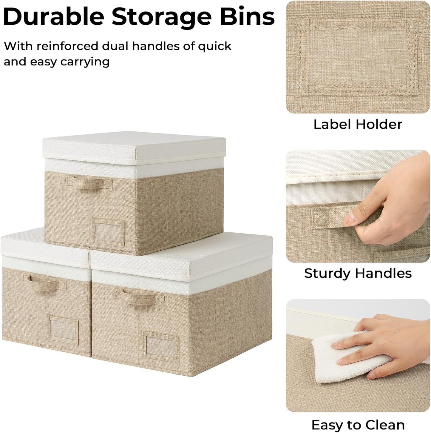 GRANNY SAYS Storage Bins with Lids, Storage Baskets for Linen Closet Shelves, Decorative Storage Boxes, Clothes Storage and Organization for Organizing, 3-Pack, Large, Khaki&Ivory