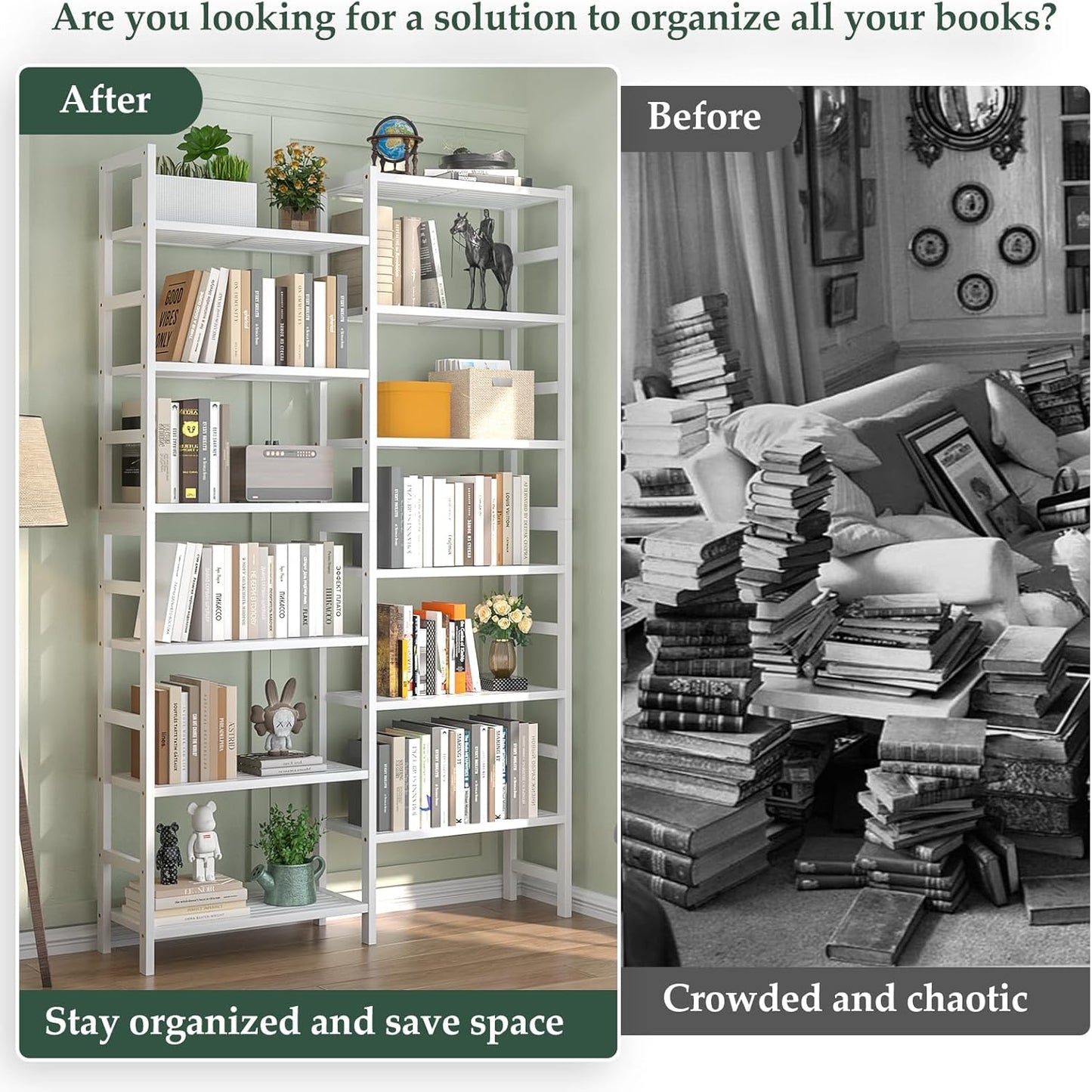 Homykic Double Wide Bamboo Bookshelf White, 6-Tier Large Open Bookcase with 12 Display Shelves, 6ft Tall Freestanding Book Shelf for Home Office, Bedroom, Living Room, Plants