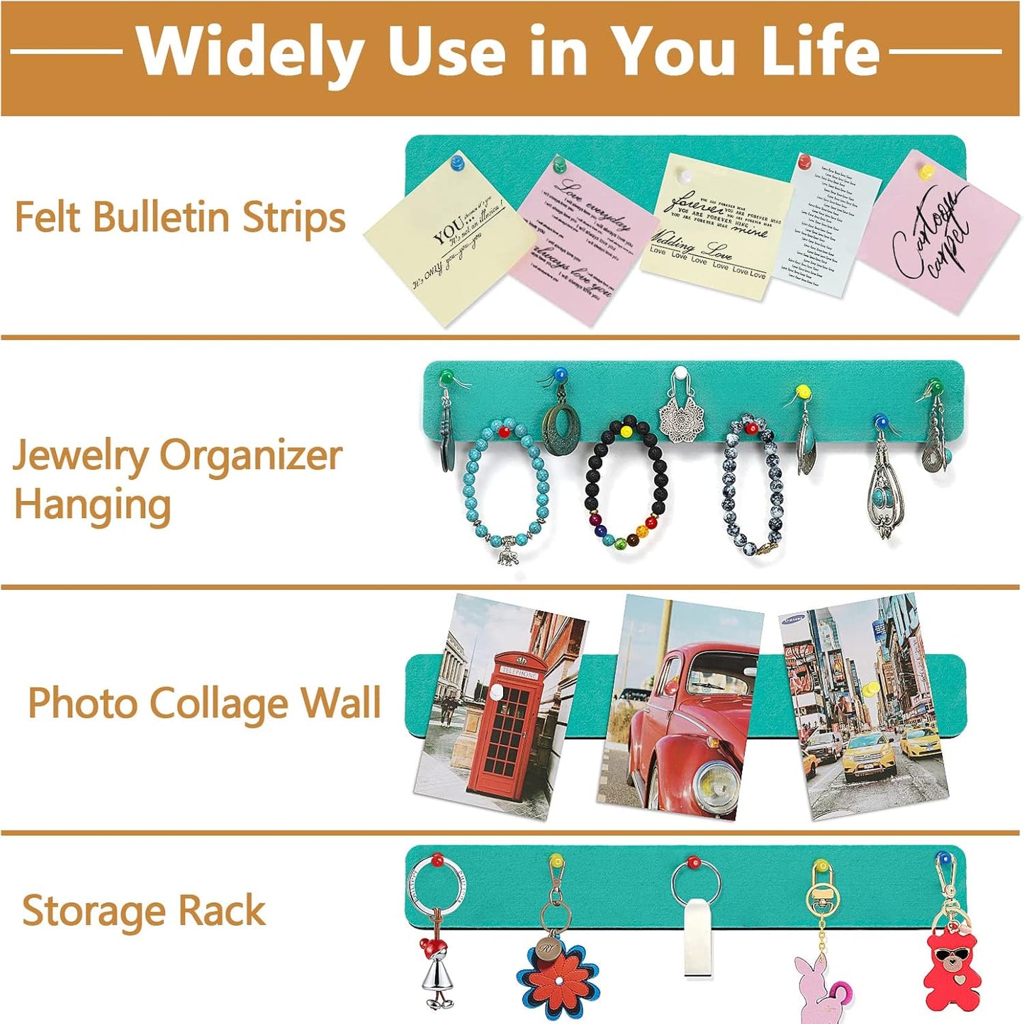 Felt Pin Board Bar Strips Bulletin Board for Bedrooms Offices Home Wall Decoration, Notice Board Self Adhesive Cork Board with 35 Push Pins for Paste Notes, Photos, Schedules