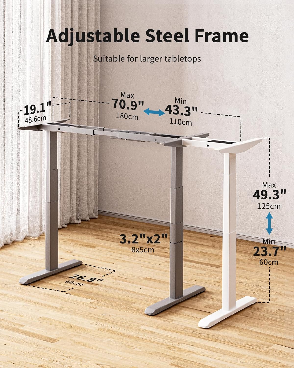 Okin Dual Motor Electric Standing Desk Frame with Memory Controller, Standing Desk Legs Up to 49.3", 3 Stage Off-Center C Feet Adjustable Desk Legs for Home and Office, Silver Frame Only