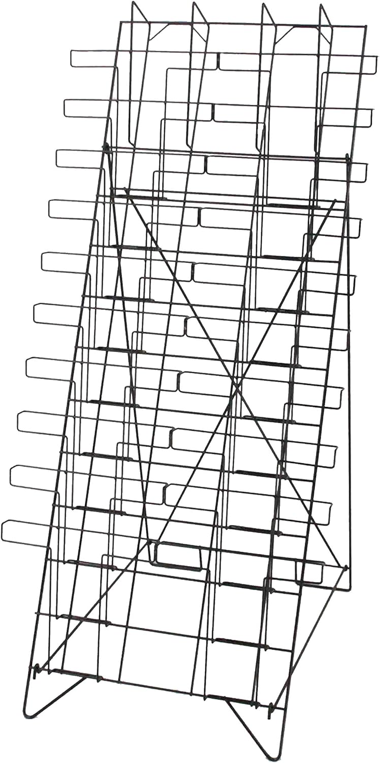 Displays2go Tiered Black Wire Magazine Rack, 19-1/4"w x 25-1/2"d x 51-1/2"h, Free Standing Floor Fixture With 20 Stacked Pockets, Sign Slot