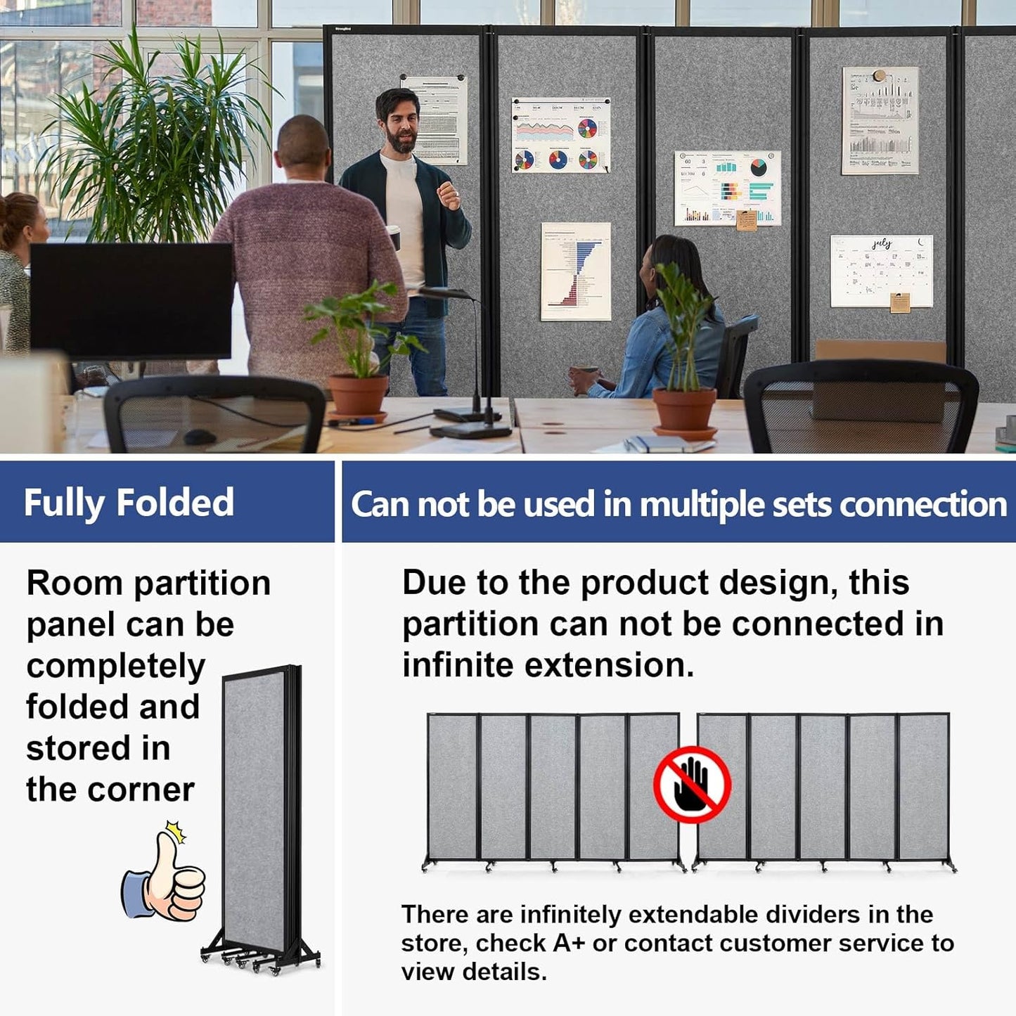 Room Partition,Folding Privacy Divider,Office Partition Dividers,Office Dividers Wall, 10'6"W x 6'7"H,Light Grey