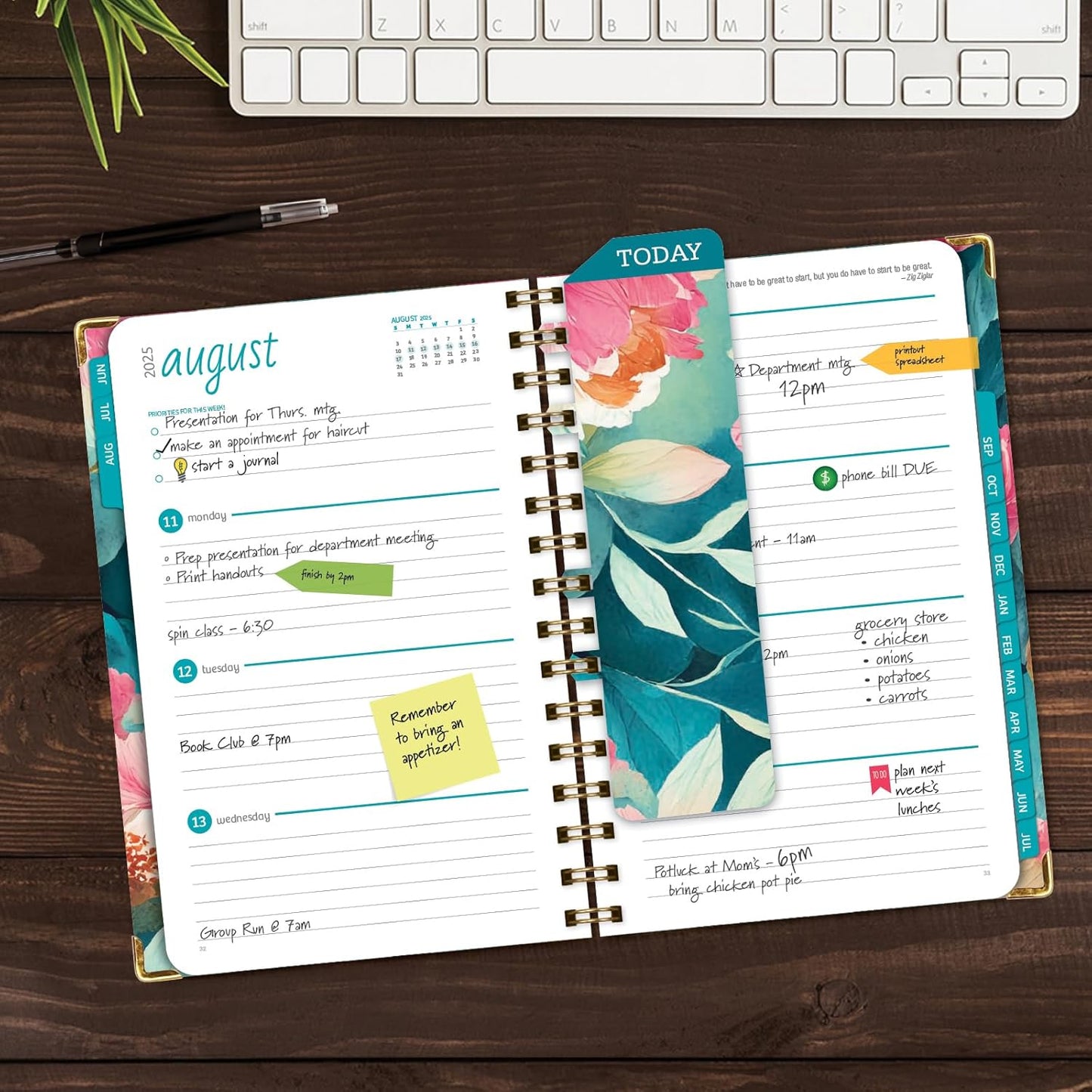 HARDCOVER Academic Year 2025-2026 Planner: (June 2025 Through July 2026) 5.5"x8" Daily Weekly Monthly Planner Yearly Agenda. Bookmark, Pocket Folder and Sticky Note Set (Teal Floral)
