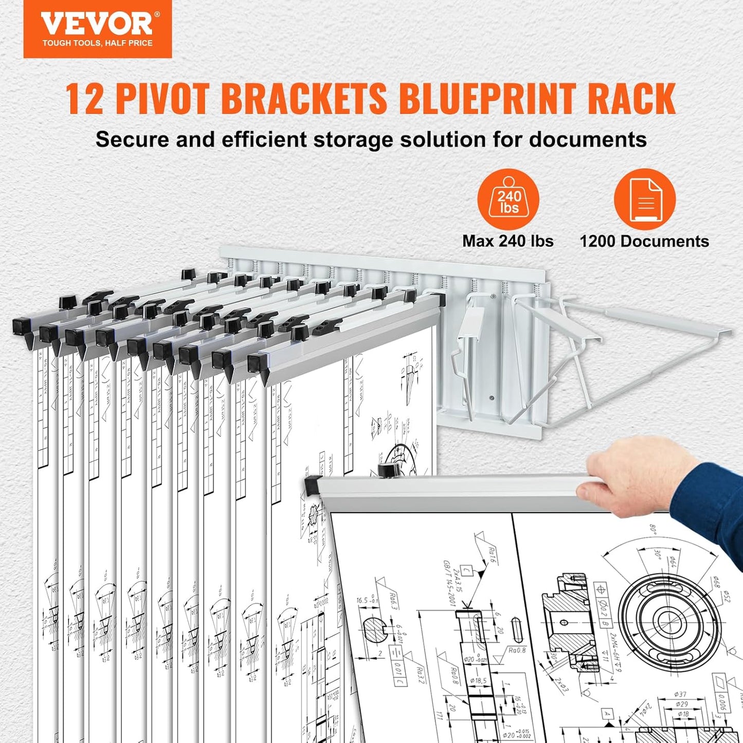 VEVOR Wall Mount Blueprint Storage Rack – Holds up to 1200 Blueprints, Hanging Blueprint Holder with 12 Pivot Brackets, for 24", 30", 36", or 42" Clamps(Rack Only Without Clamps)- Heavy Duty(240lbs)