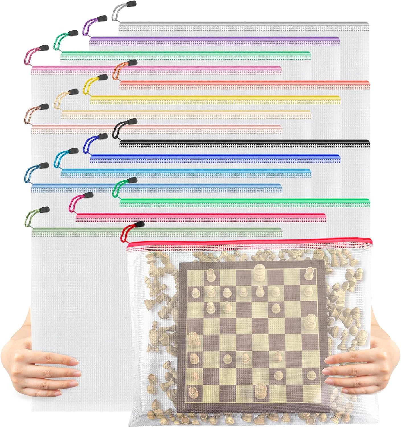 Umriox 16 Pack Large Zipper Bags 16.9x12.4 in, A3 16 Colors Mesh Zipper Document Pouch for Organizing, Storage Bags with Zipper for Board Game, Puzzles, Sewing Project, Travel Supplies