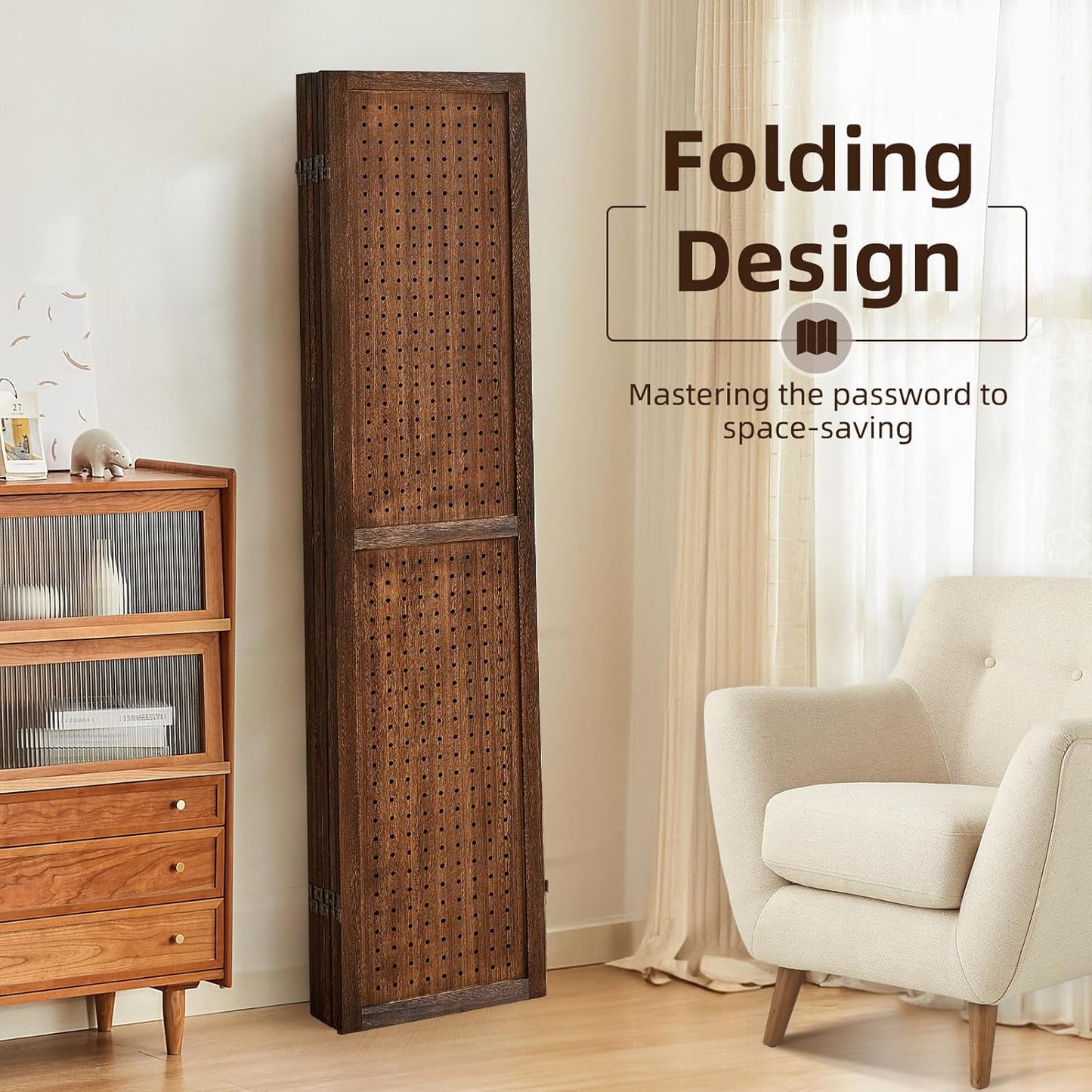 6 Panel Pegboard Display with 24 Hooks, Privacy Dividers for Rooms, Wooden Room Divider Wall and Folding Privacy Screens, Pegboard Room Divider, Bedroom, Balcony, Dark Brown