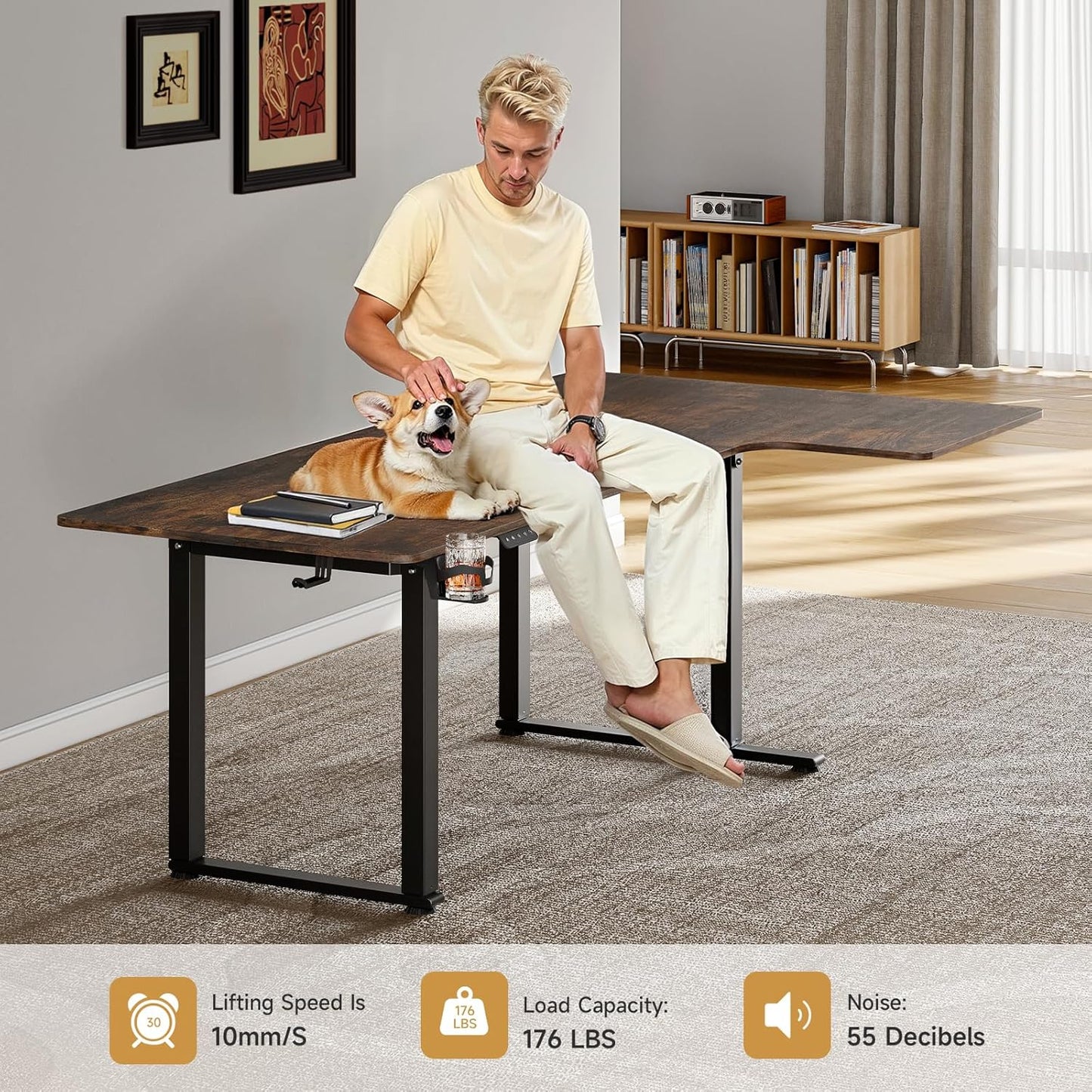 L Shaped Standing Desk, 71x43 Inches Electric L Stand Up Desk with 4 Legs, Dual Motor and Memory Controller, Adjustable Height from 28-46 Inches for Home and Computer Workstation, Rustic Brown