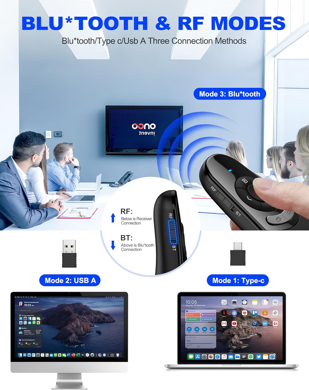 DinoFire USB Type C Wireless Presentation Clicker, BT&RF 2.4GHz Dual Modes Presenter Remote for PowerPoint Presentations Compatible with Bluetooth-Enabled Laptops Desktop Computers