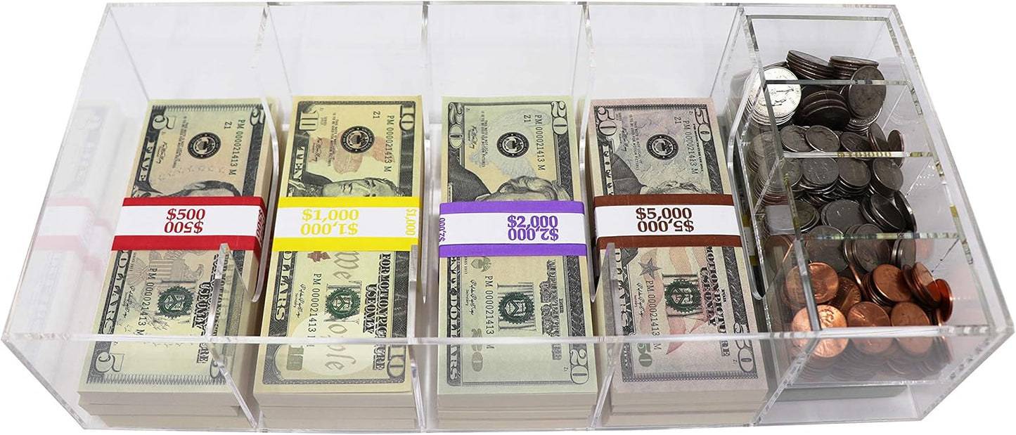 Acrylic Money Tray with Coin Tray Insert, 5 Compartment Clear Cash Organizer Currency Money Storage Box, 300 Money Wrappers Included