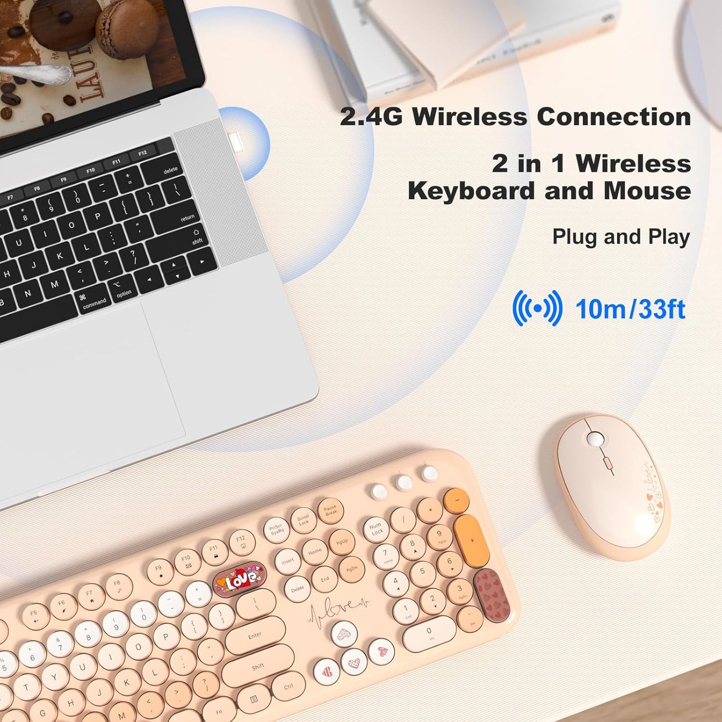 MOFII Wireless Keyboard and Mouse Combo, Cute Retro Typewriter Keyboard and Silent Mouse, 2.4GHz Full Size Computer Keyboard Wireless Mouse Set for PC, Laptop, Desktop, Windows (Yellow Colorful)