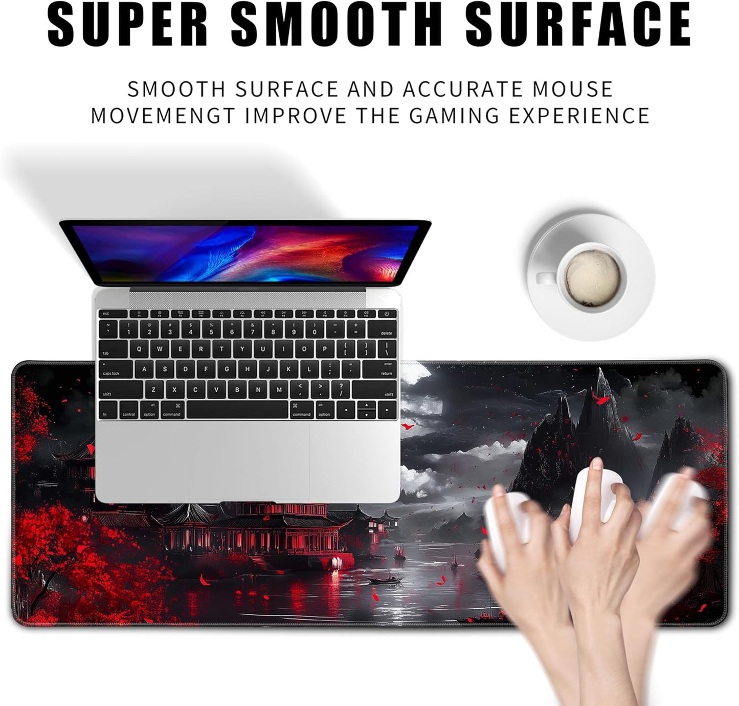 Japanese Riverside Full Moon Desk Mat Large Mouse Pad Gaming Mousepad Extended XL Keyboard Mat Computer Laptop Mouse Desktop Mat 31.5 X 11.8 Desk Decor