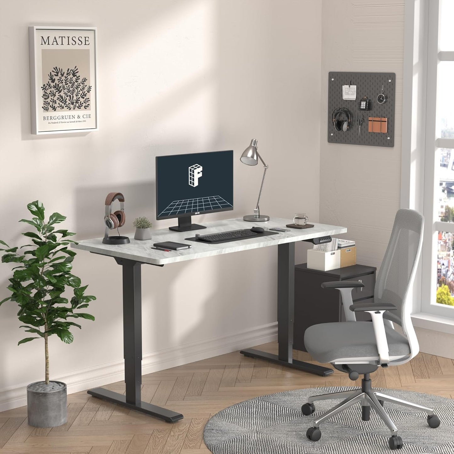 FLEXISPOT E6 Essential 3 Stages Dual Motor Electric Standing Desk 55x28 Inch Whole-Piece Board Height Adjustable Electric Sit Stand Desk(Black Frame + Marble Grey Desktop, 2 Packages)
