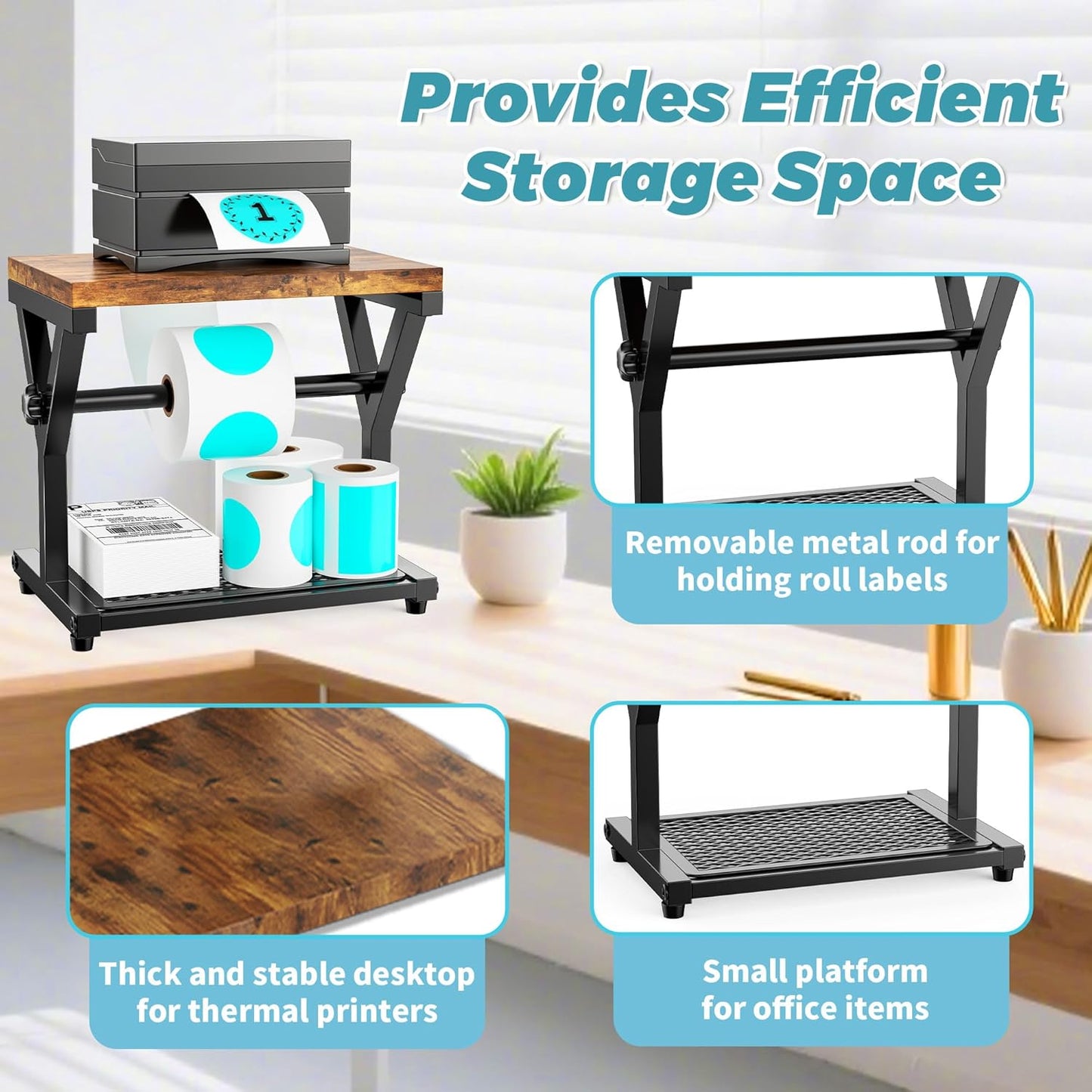 Thermal Label Holder for Rolls and Fanfold Labels, Wooden Sticker Roll Holder for Thermal Printer, YITOBA Desktop Shipping Label Stand Organizer Accessory for Home Office, Small Business (Black)