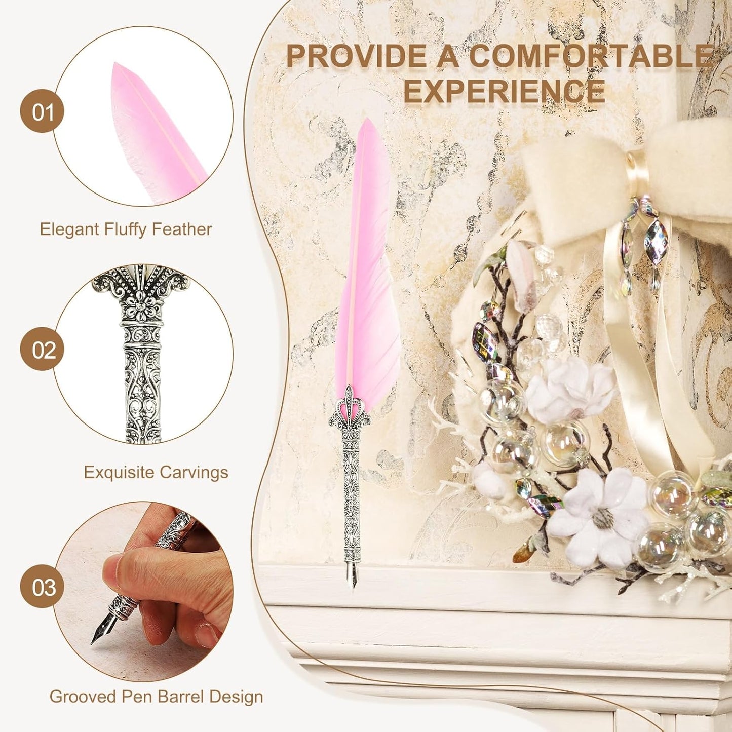 PATIKIL 26.5cm/10.4" Calligraphy Feather Quill Pen, Vintage Feather Dip Pen with 5 Replacement Nibs for Calligraphy Writing Wedding Office Gifts, Pink