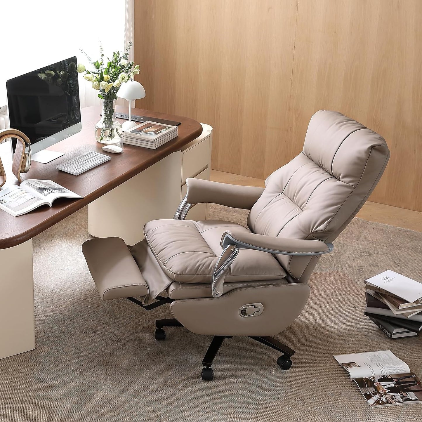 Executive Office Chair with Footrest,Sustainable Leather Electric Ergonomic Reclining Home Office Desk Chairs with Massage,Big and Tall Comfy Computer Chair with Wheels High Back 400LB,Khaki