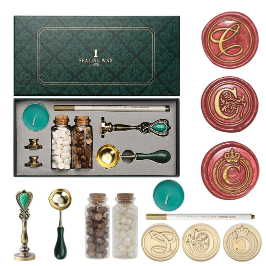 Letter Wax Seal Kit with Initial Alphabet C Wax Seal Stamp Head 3pcs, Pearl White and Vintage Gold Stamp Sealing Beads, Spoon, Metallic Gold & Silver Pen, Vintage Gift Box Set