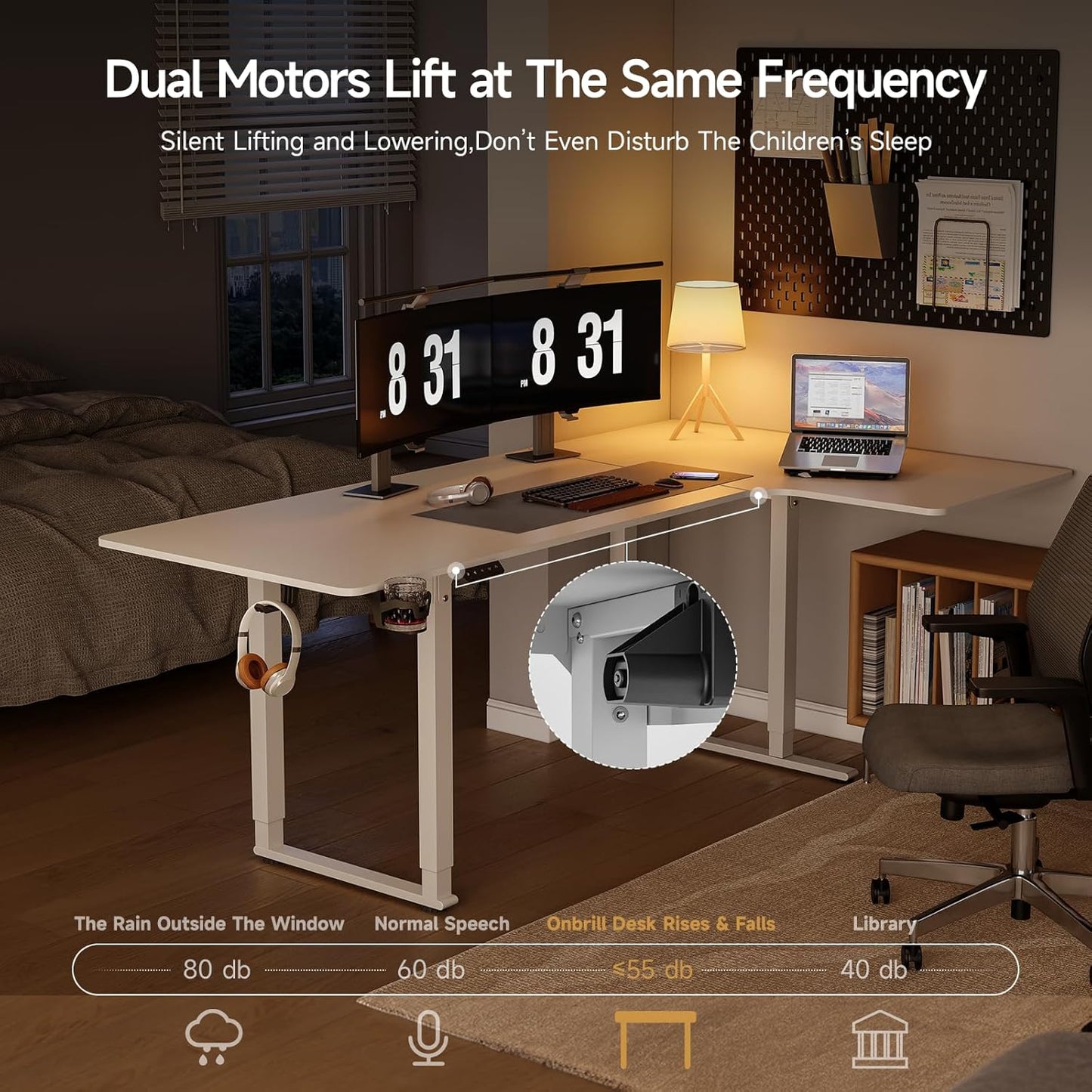 L Shaped Standing Desk, 63x43 Inches Electric L Stand Up Desk with 4 Legs, Dual Motor and Memory Controller, Adjustable Height from 28-46 Inches for Home and Computer Workstation, White