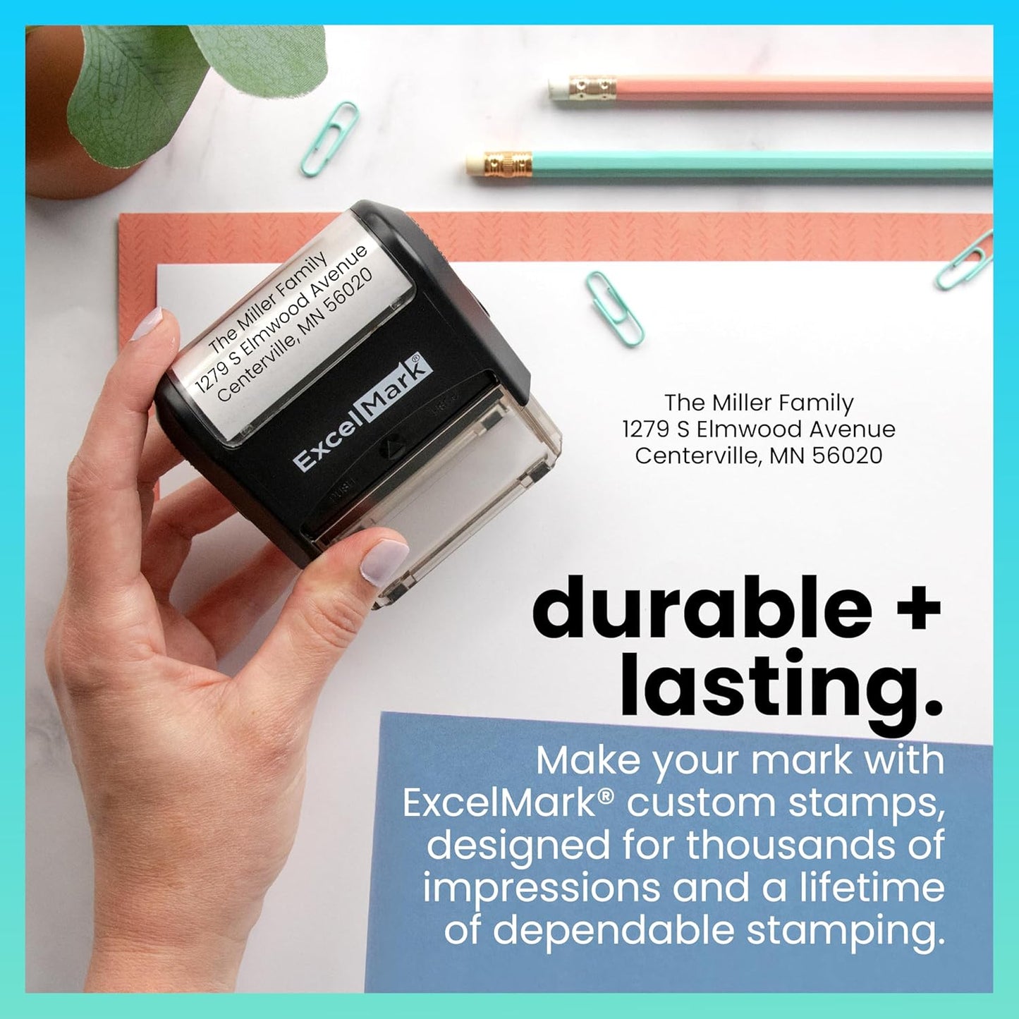 ExcelMark Custom Stamp – Clear & Crisp Impressions – Personalized Self-Inking Rubber Stamp – Use for Address Stamp and More (Large)
