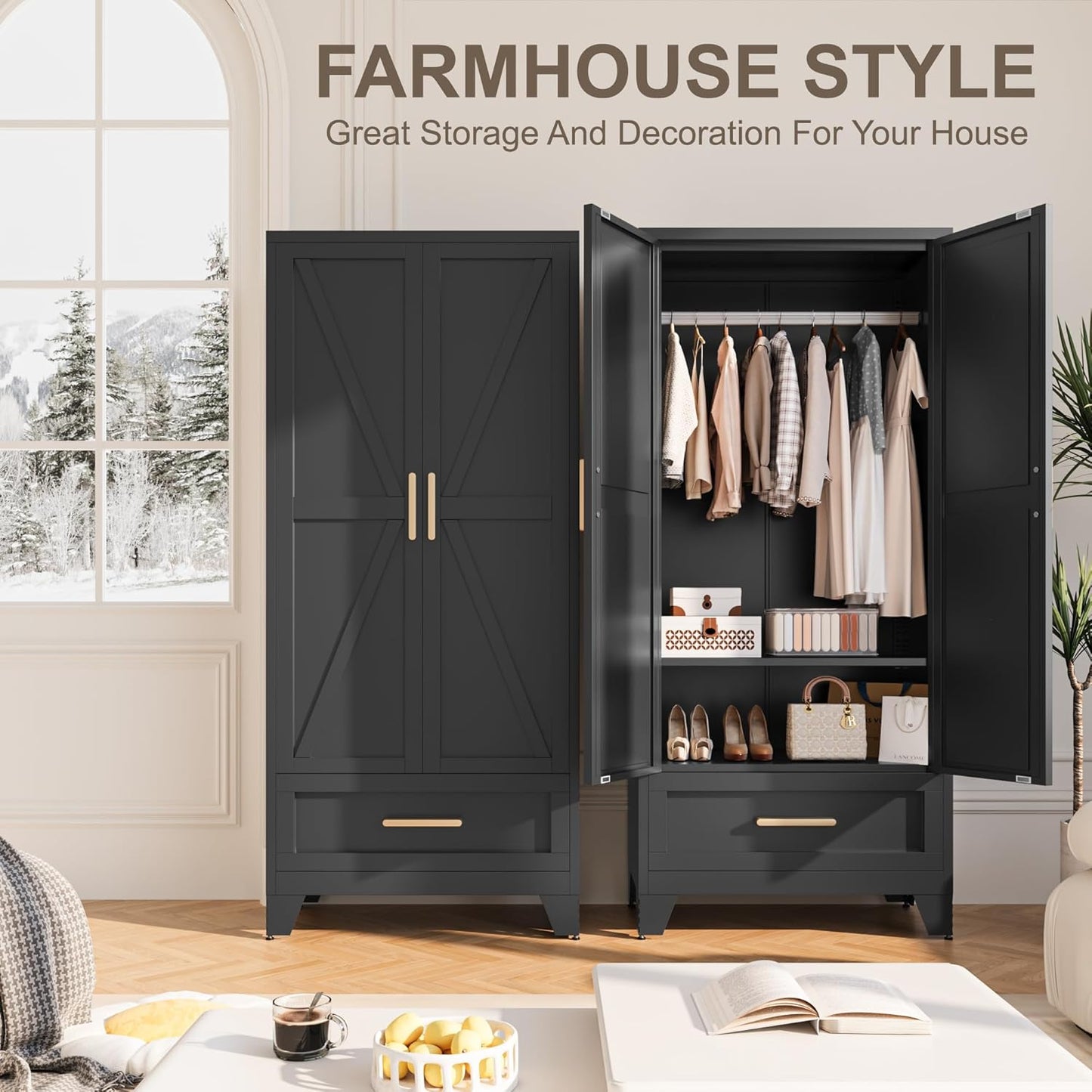 Metal Wardrobe Cabinet,71 Armoire Wardrobe Closet with Drawers and Hanging Rod,Metal Armoire with Adjustable Shelves for Closet,Bedroom,Farmhouse Storage Cabinet with Drawer(Black)