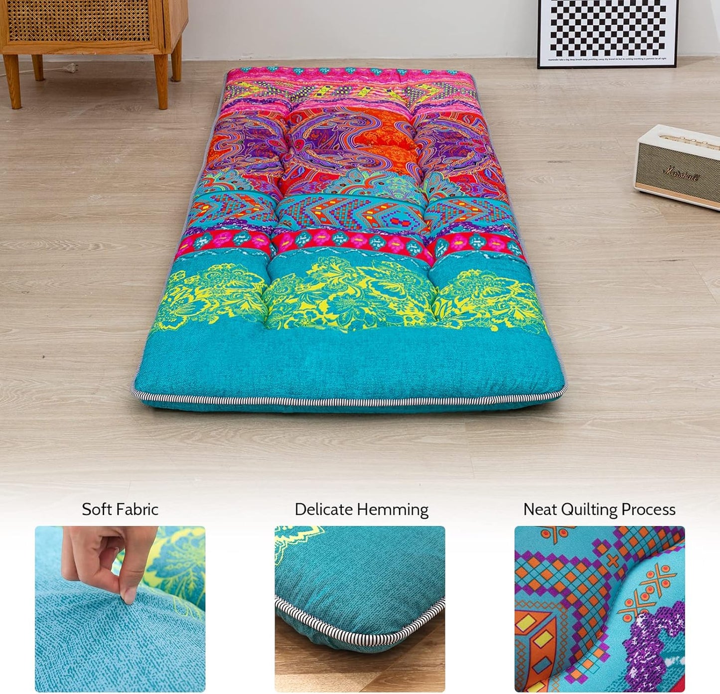 MAXYOYO Bohemian Floor Bed, Japanese Futon Mattress, Narrow Twin Single Bed, Foldable Roll Up Camping Cot for Adults