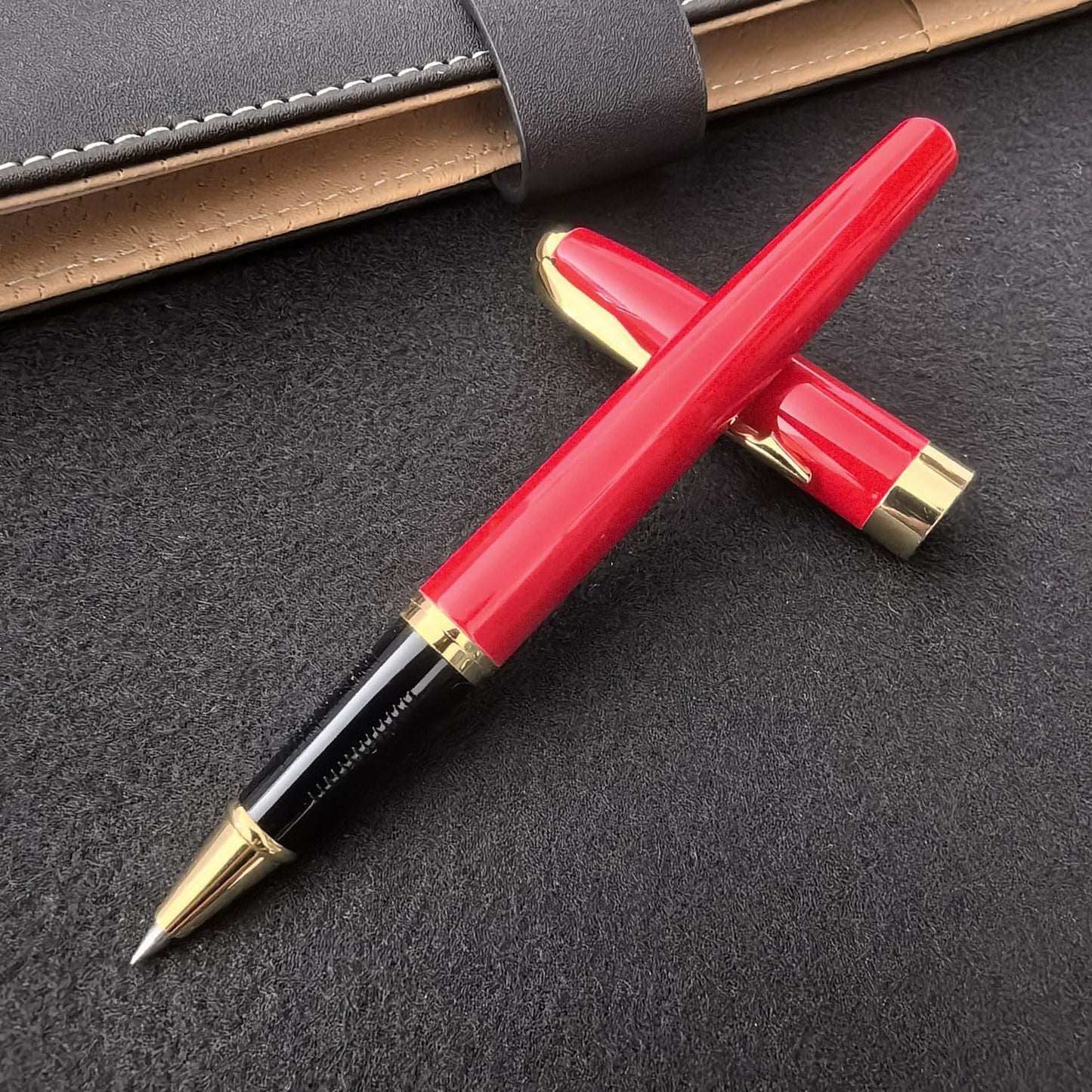 HSK Ballpoint Pens Executive Fountain Pen with Gold Trim, Gift Box Set, Available in Black, Red, Navy Blue,Black Refill Line width 0.5mm (Red)
