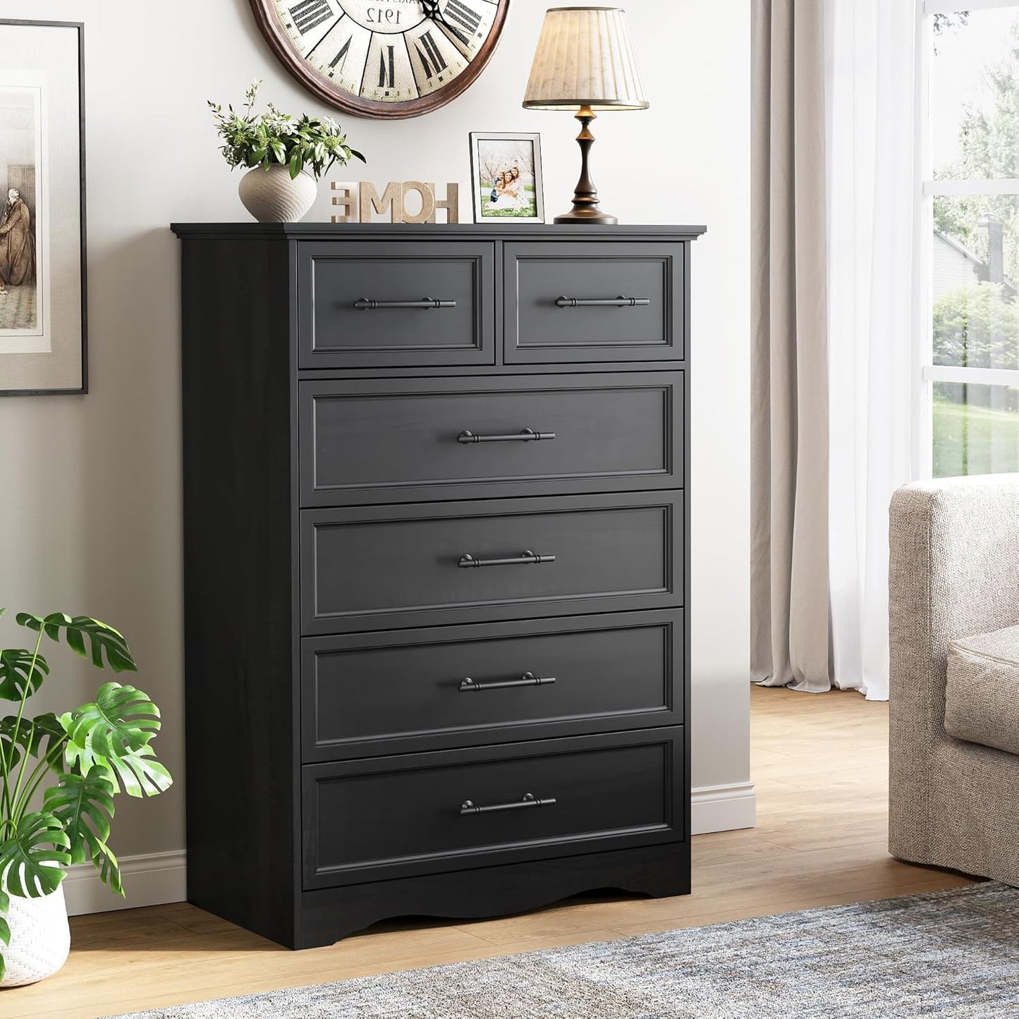 Black Farmhouse Dresser for Bedroom, Modern 6 Chest of Drawers, 44" Tall Chest of Drawers w/Brushed Metal Handle, Wood Closet Organizers and Storage Cabinet for Bedroom, Living Room, Hallway