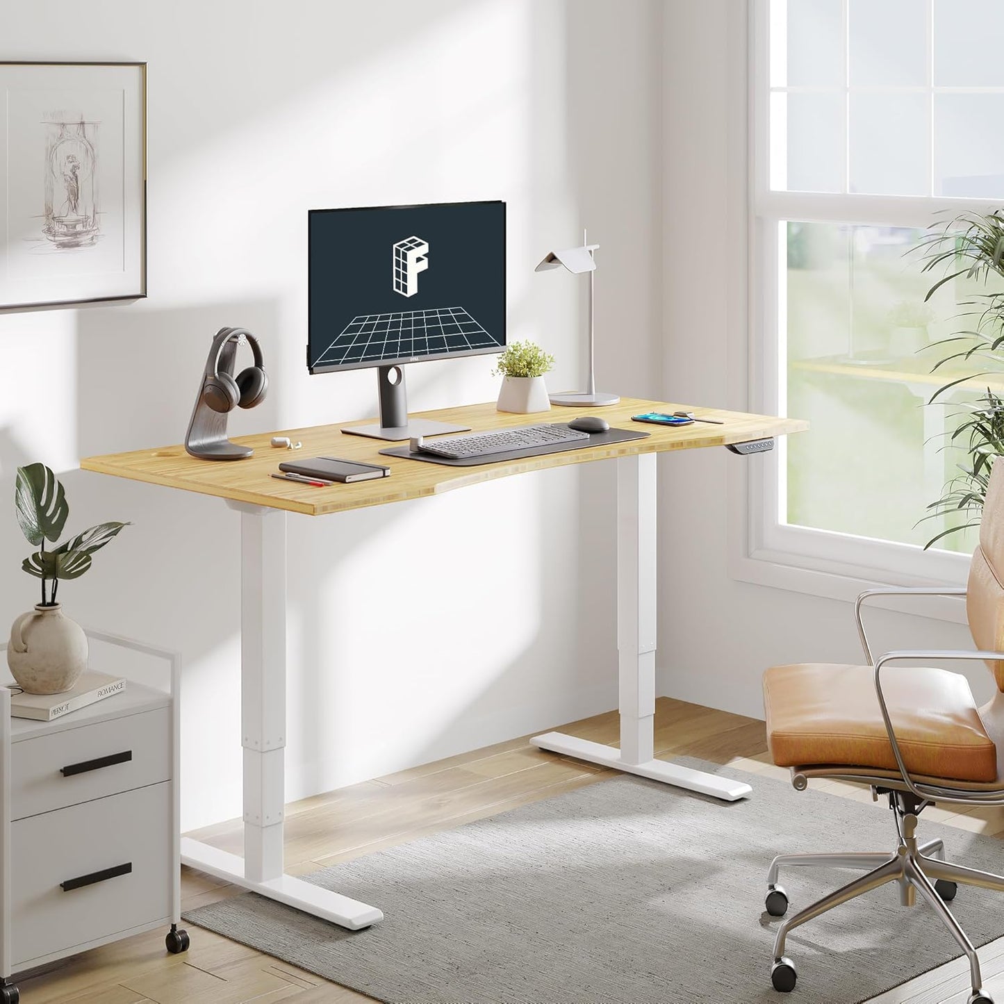 FLEXISPOT E6 MAX Bamboo Dual Motor 3 Stages Standing Desk 72x30 Inch Whole-Piece Board Electric Height Adjustable Stand Up Desk 150KG Load Capacity(White Frame + Bamboo Curved Desktop)