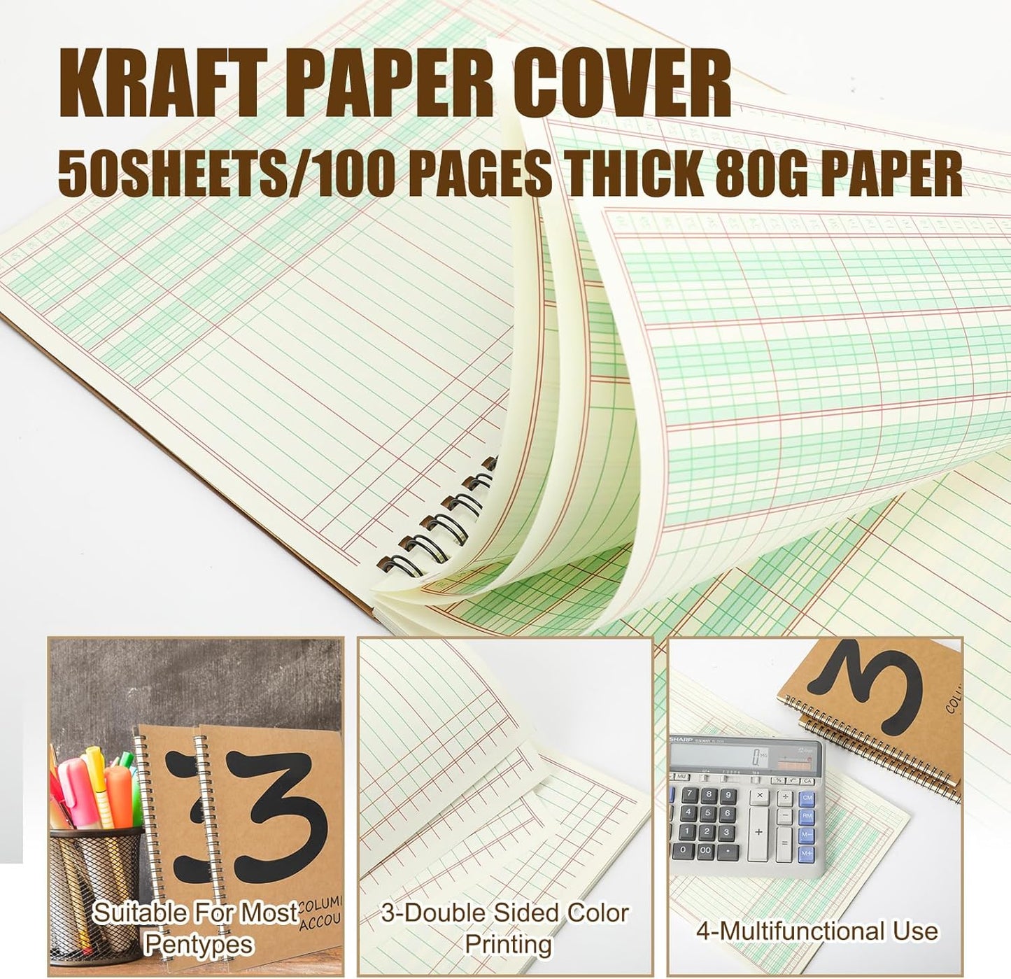 1Pcs Accounting Ledger Book 3 Column 7 * 9.25inch Columnar Notebook Columnar Pad 3 Columns Kraft Paper Cover 100 Pages for Personal Use Small Business(50 Sheet)