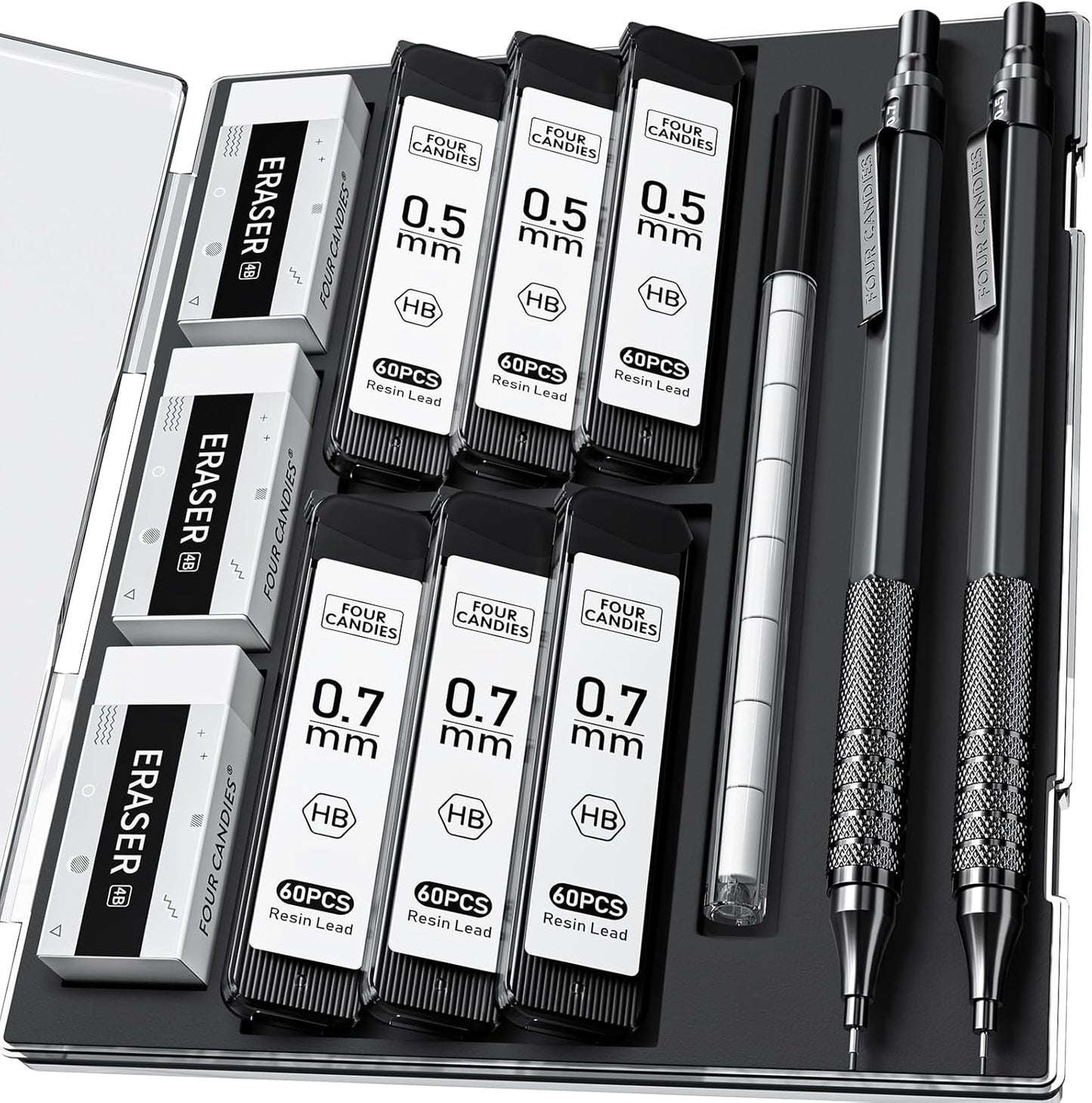 Four Candies 2PCS Metal Mechanical Pencils Set with Case, 0.5mm & 0.7 mm Artist Pencil with 6 Tubes (360PCS) HB Lead Refills, 3 Erasers,9 Eraser Refills For Writing Drafting, Drawing, Black