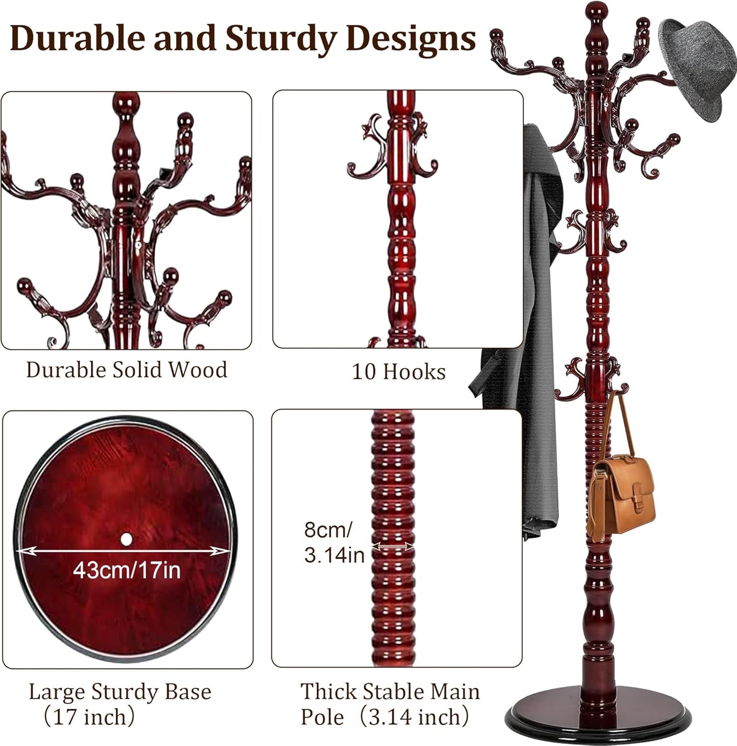Vintage Free Standing Coat Rack with Disc Base, Solid Wood Coat Hanger Stand with 18 Hooks and 3 Adjustable Size, Standing Coat Rack Tree for Entryway, Bedroom, Hallway, Office, Apartment