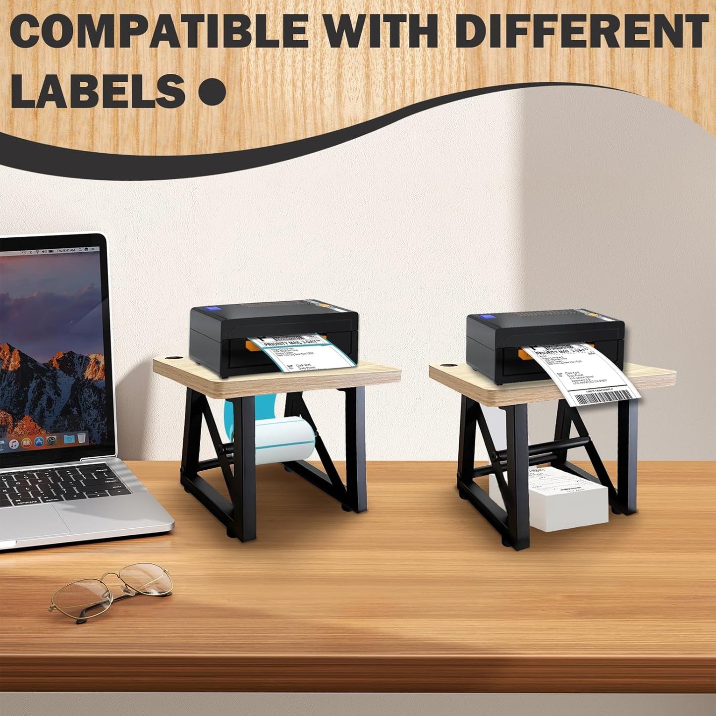 Label Holder for Thermal Printer,Sticker Rolls and Fan-fold Dispenser Holder,Wooden Label Holder for Shipping Label Printer,Office Accessories for Home,Small Business,Warehouse (Log Color)