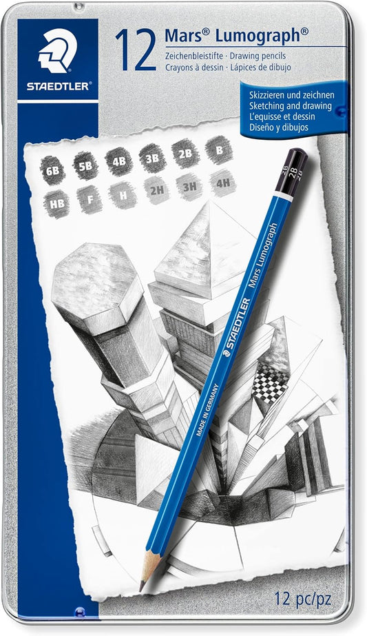 STAEDTLER Mars Lumograph Art Drawing Pencils (12-Pack) – Sustainable, Break-Resistant Graphite, Metal Case