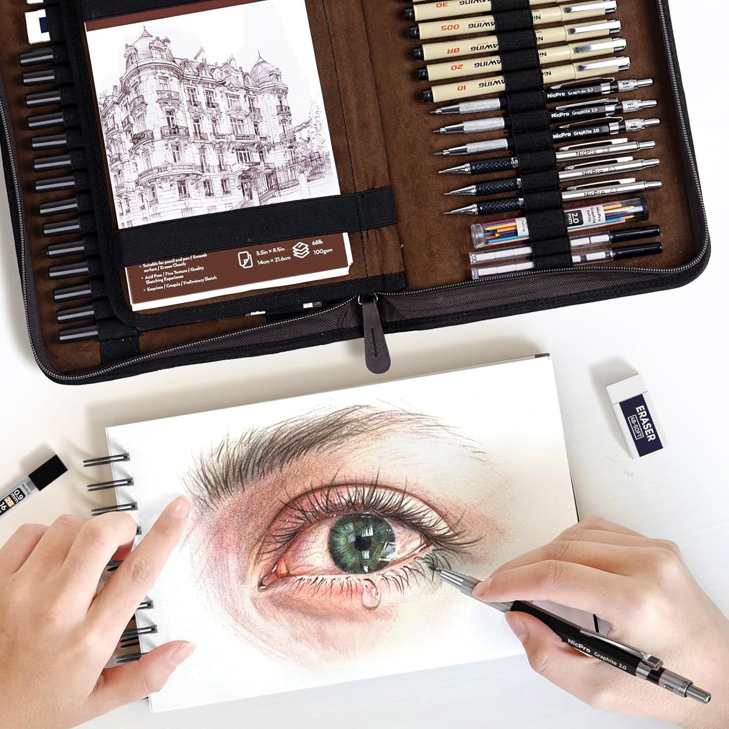 Nicpro 58 PCS Art Drawing Supplies Kit in Leather Case, Art Mechanical Pencil Set with 6 Metal Drafting Pencil 0.5 & 0.7 & 0.9 & 2mm, 12 Micron Pen, Sketch Book, 30 Tube Lead Refills for Sketching