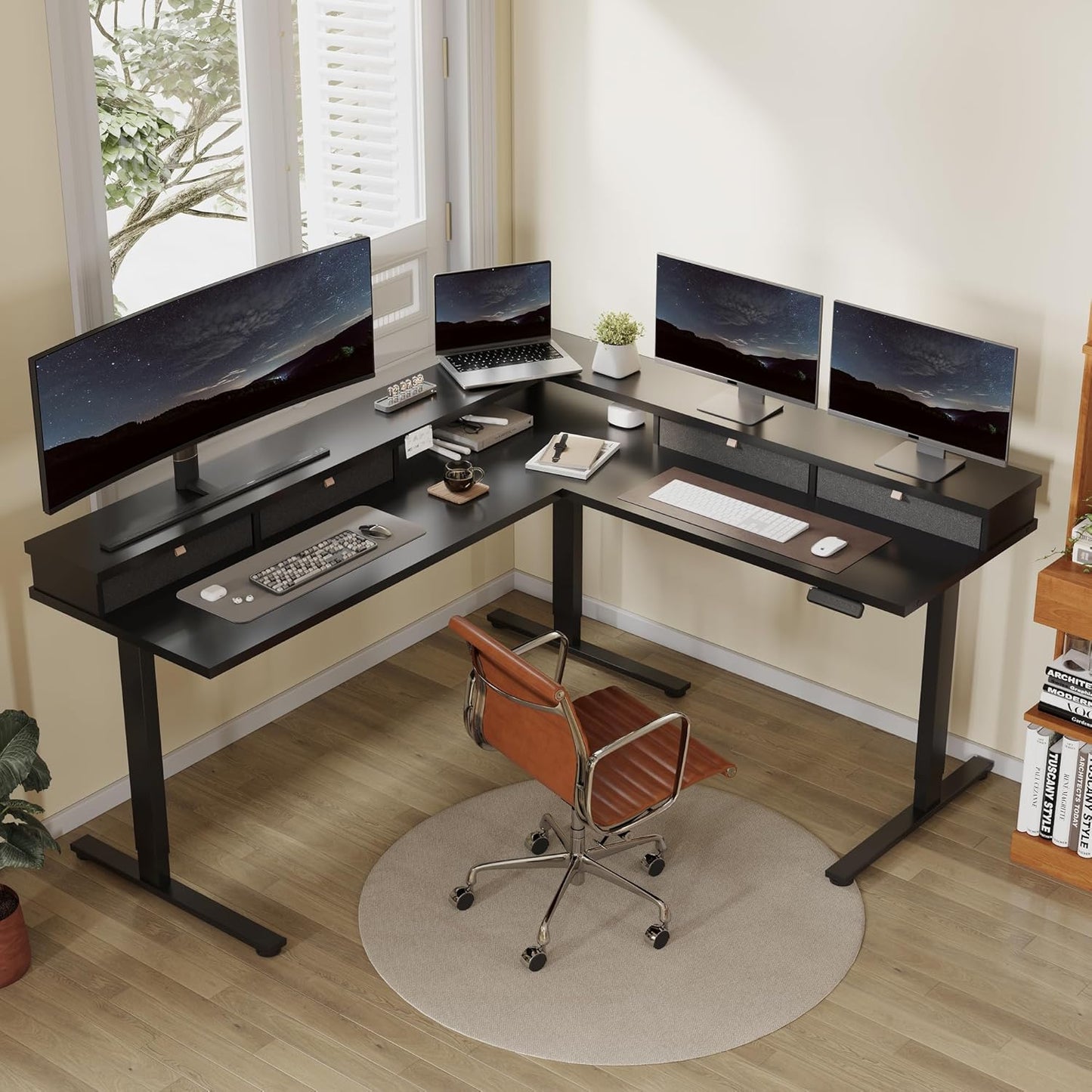 FLEXISPOT 71" Large L Shaped Standing Desk Electric Corner Table with Shelf, 4 Storage Drawers, Adjustable Computer Workstation for Home, Office, Game, Studio, Black Top + Black Frame