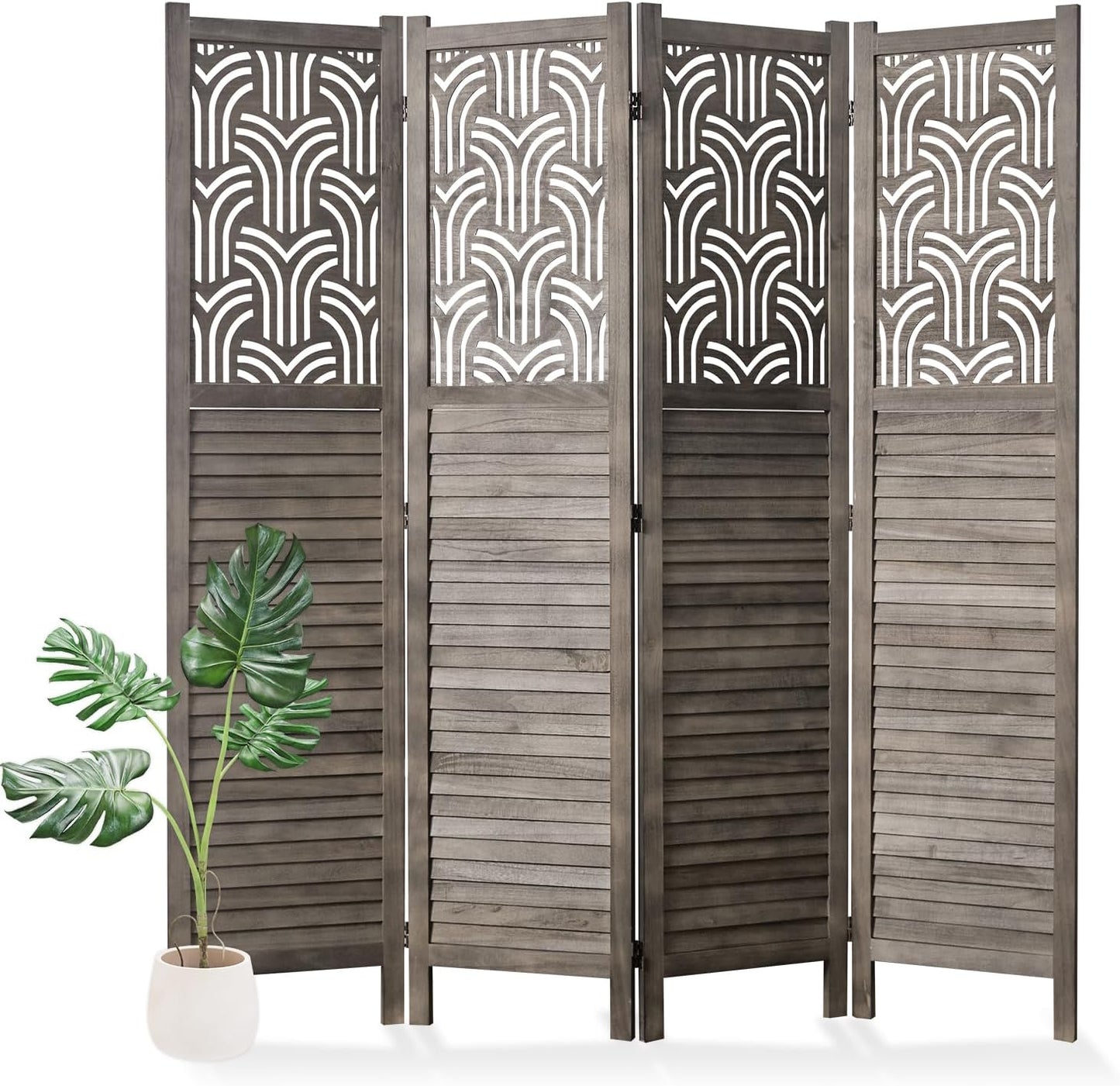 Folding Room Divider, 66.9 Inch 4 Panels Wood Carved Privacy Screens, Free Assembled Freestanding Portable Separation Wall for Home Office Restaurant Bedroom (Gray)