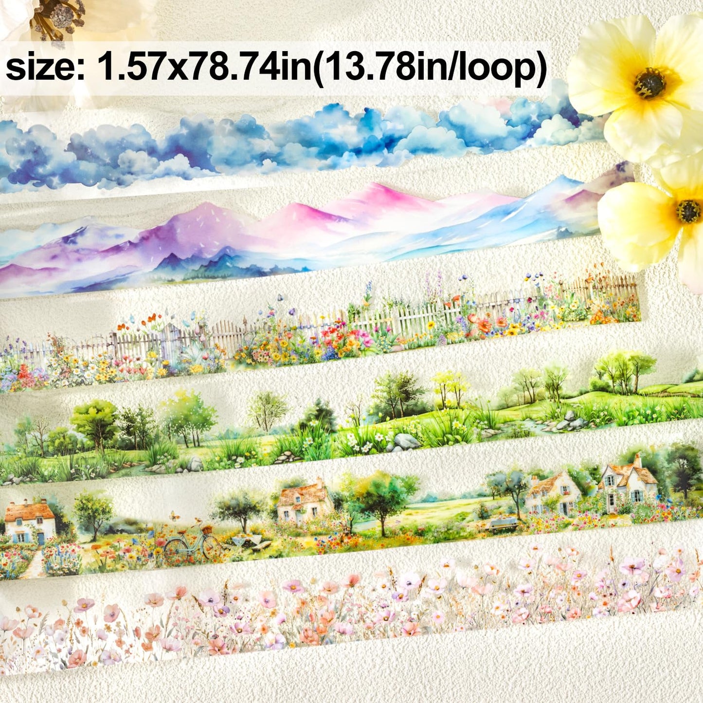 6 Rolls Transparent PET Tape Set, Nature Landscape Decorative Stickers for Scrapbooking, Journaling, DIY Crafts, Waterproof Craft Supplies with Decorative Clip